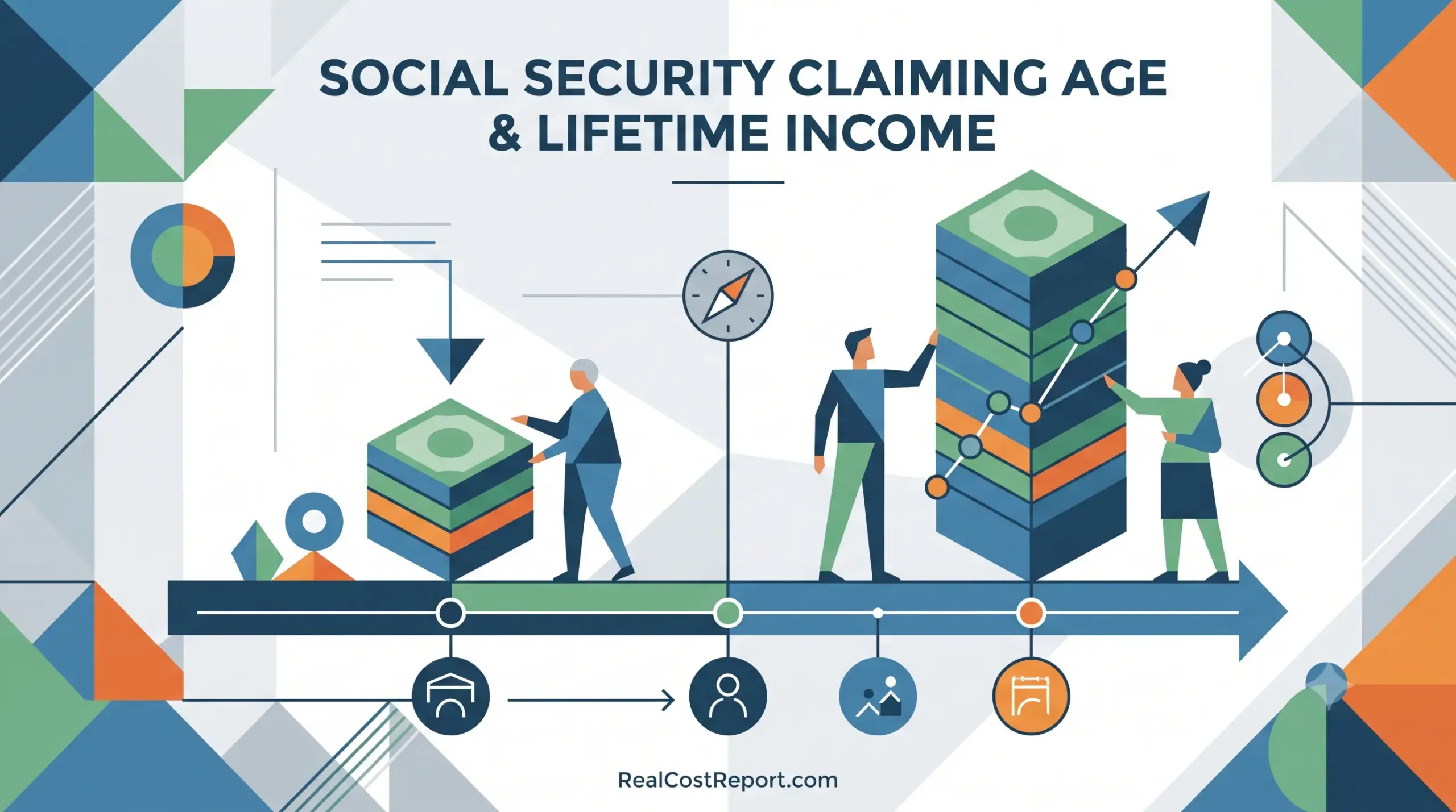 A geometric illustration showing how delaying social security claims can increase lifetime income, featuring a timeline and money stacks.