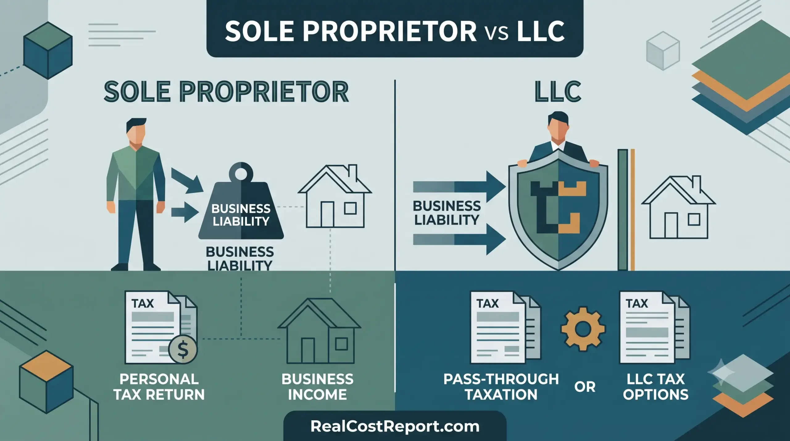 Minimalist split-screen illustration comparing Sole Proprietor and LLC liability and tax differences using simple geometric icons.