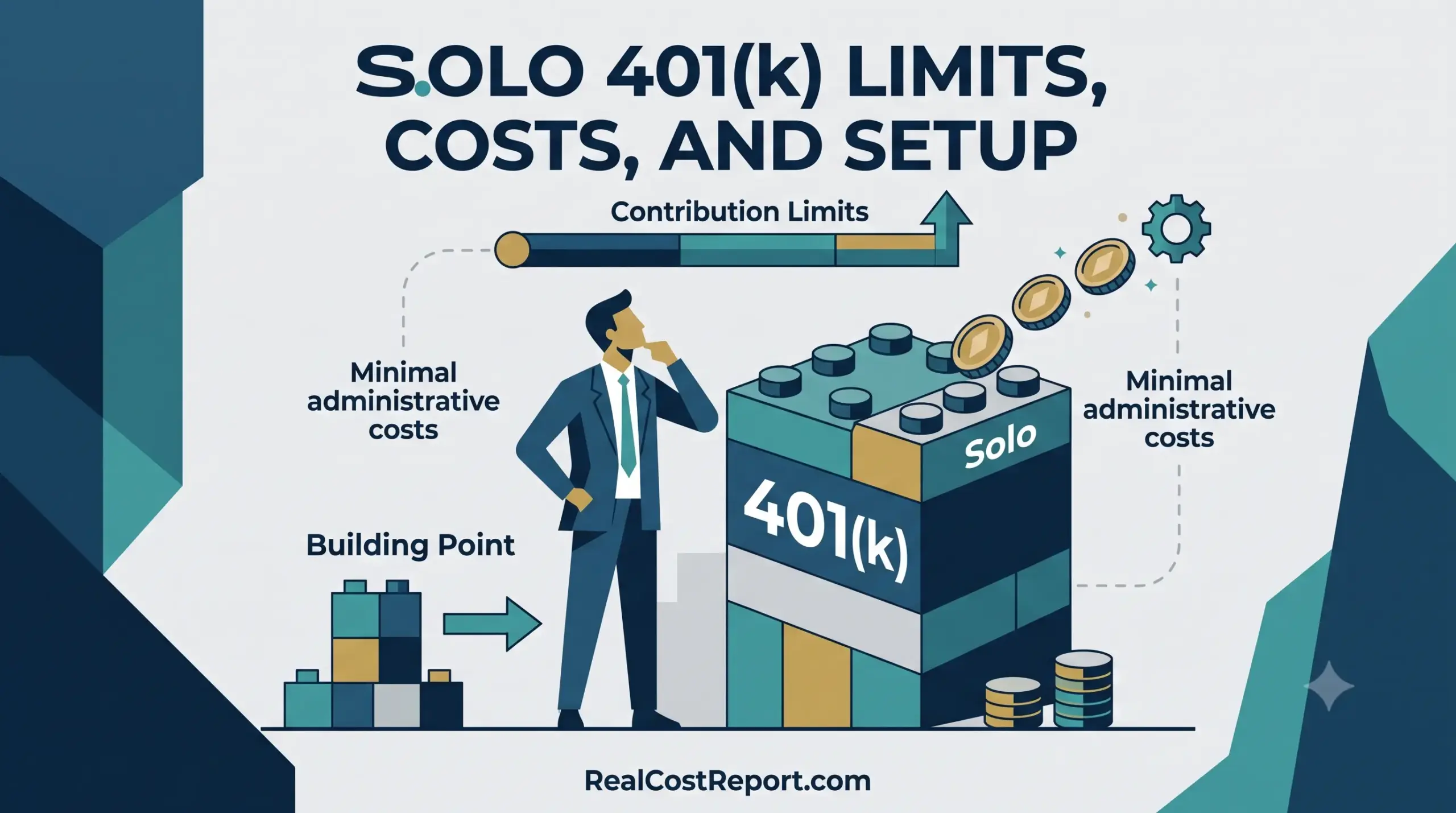A business professional considers a 401(k) building block, illustrating setup steps, contribution limits, and minimal administrative costs.