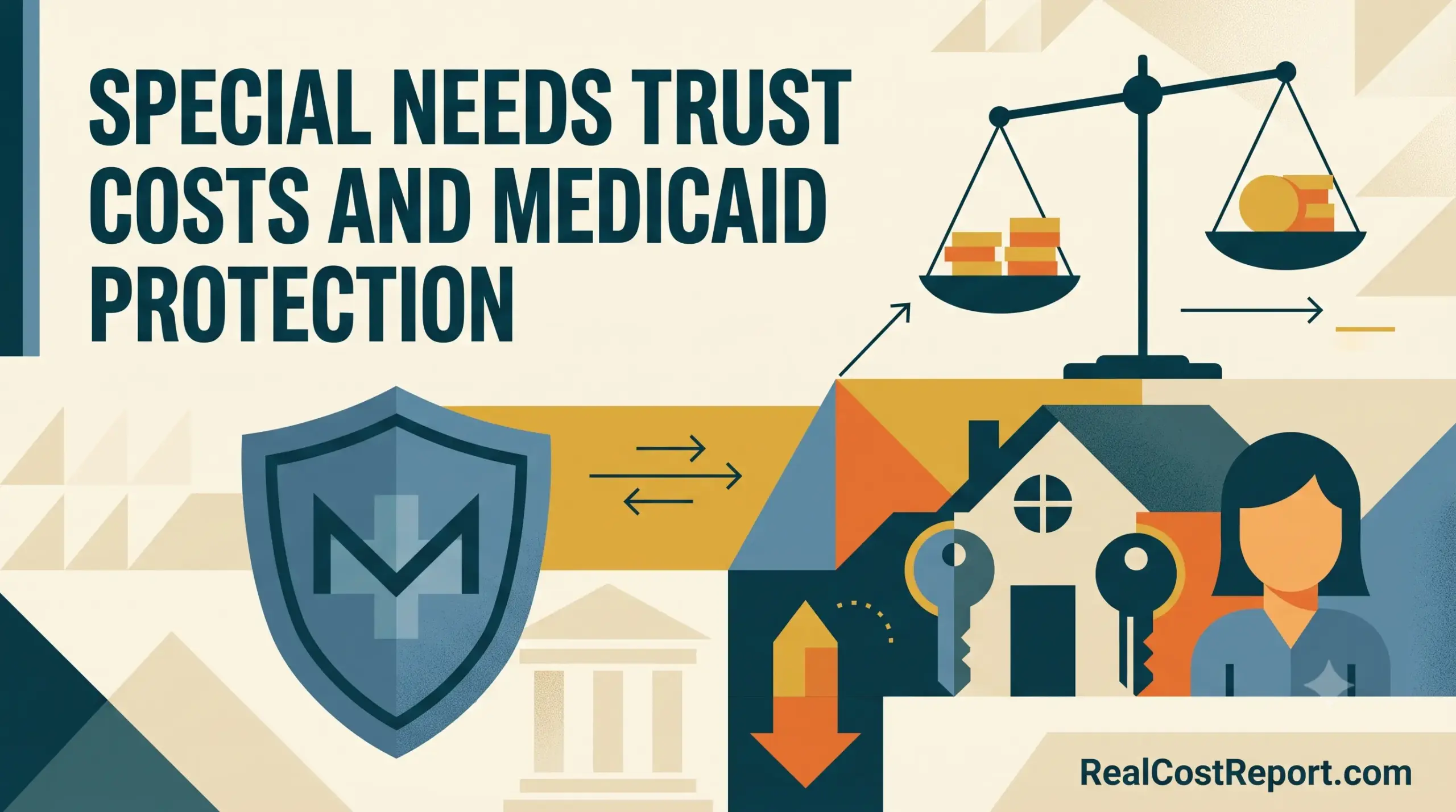 Geometric vector illustration for a special needs trust article, featuring a balance scale with coins, a protective Medicaid shield, and RealCostReport.com.