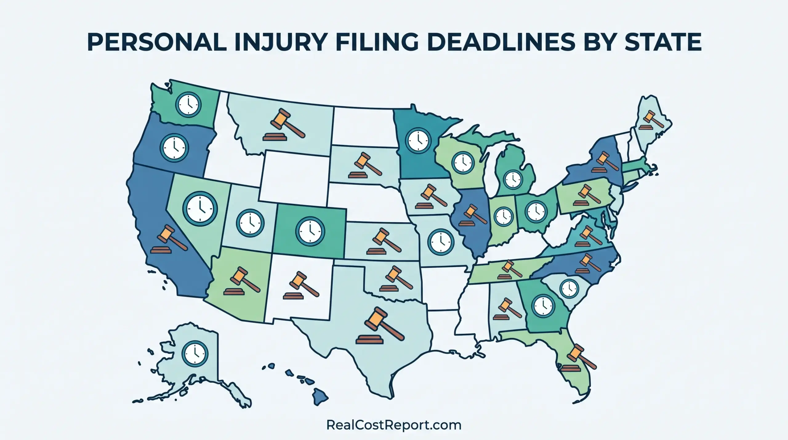 Flat vector map of the US with clocks and gavels, illustrating personal injury filing deadlines.