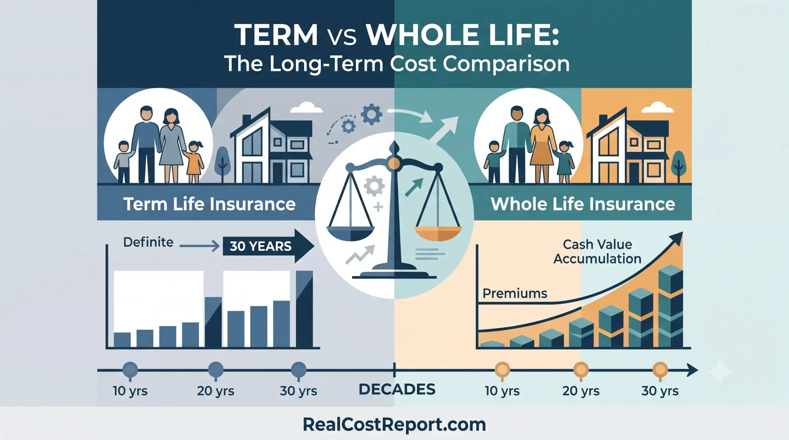 Infographic comparing term vs whole life insurance costs and features over several decades using charts and scales.