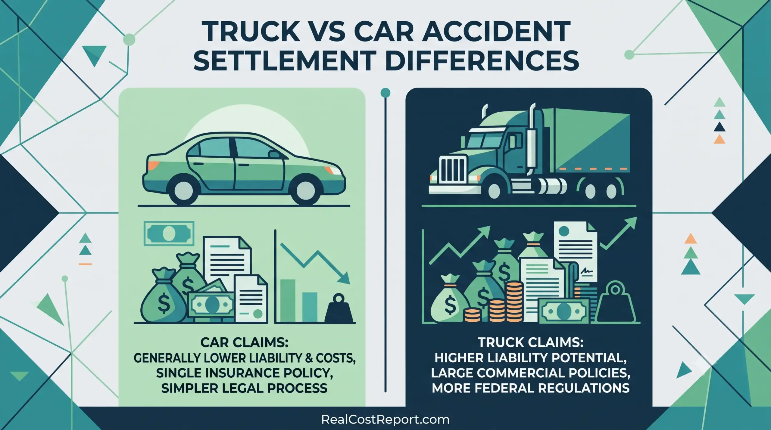 A modern geometric illustration comparing car and truck accident settlements with icons of a car and a semi-truck side-by-side.
