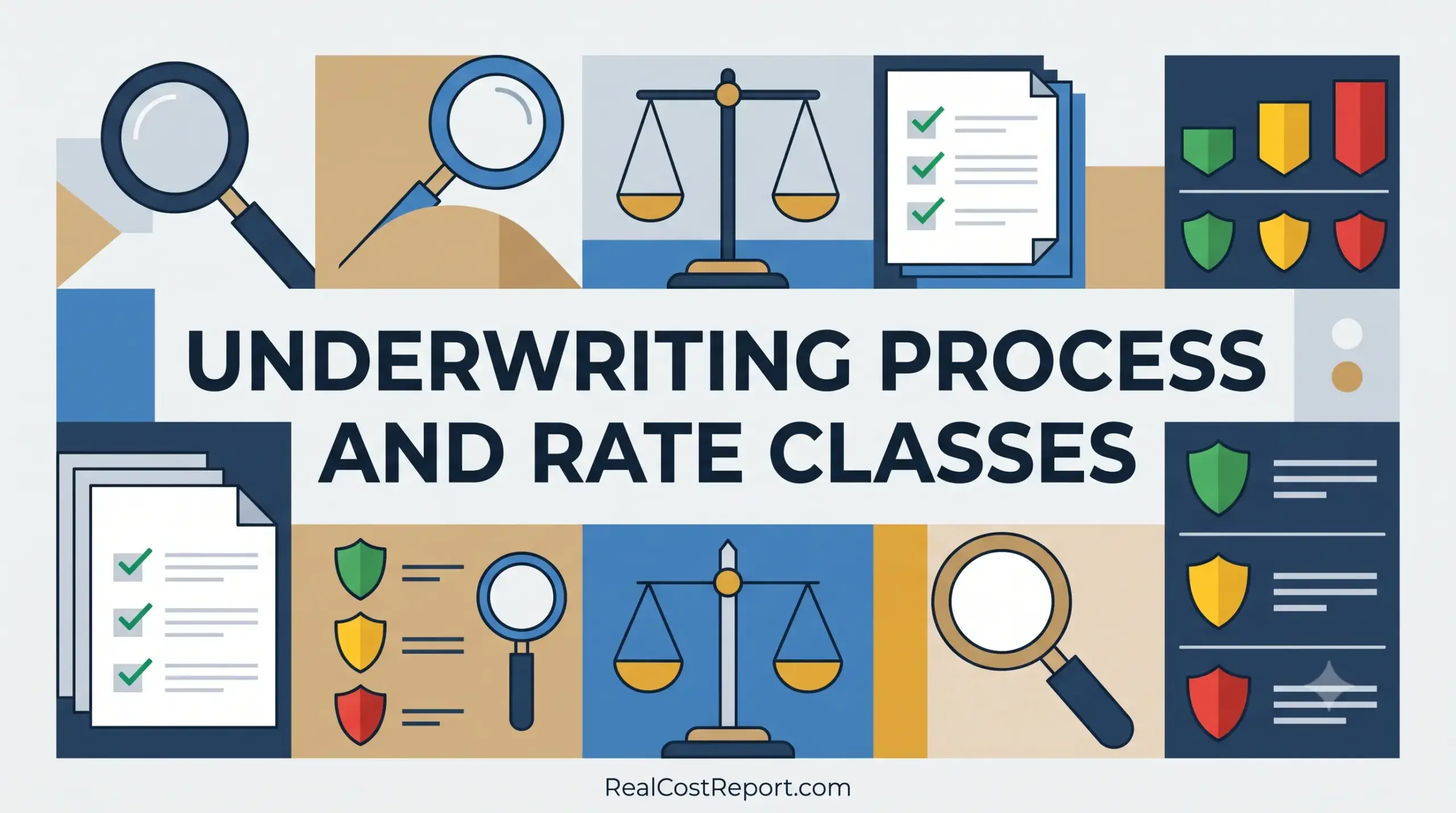 An infographic illustration for "Underwriting Process and Rate Classes" showing icons for analysis, balance, and risk categories on RealCostReport.com.