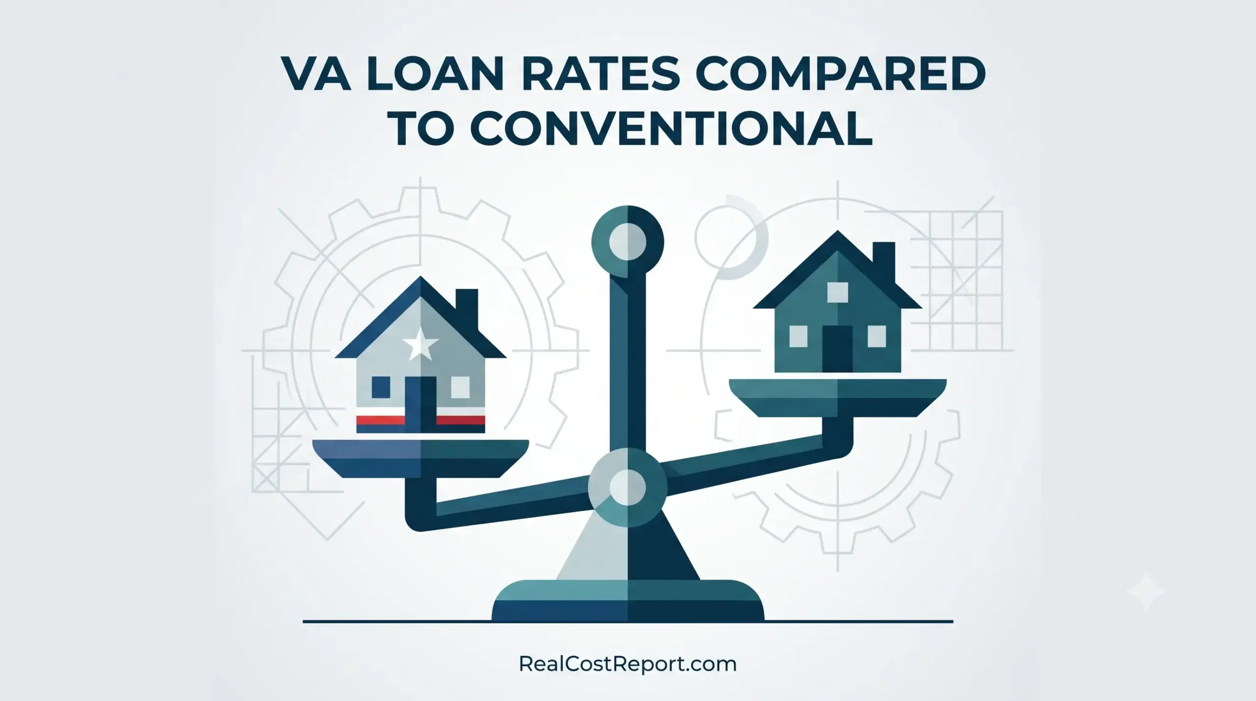 A modern geometric illustration of a balance scale comparing a VA loan house (with star) to a conventional loan house.