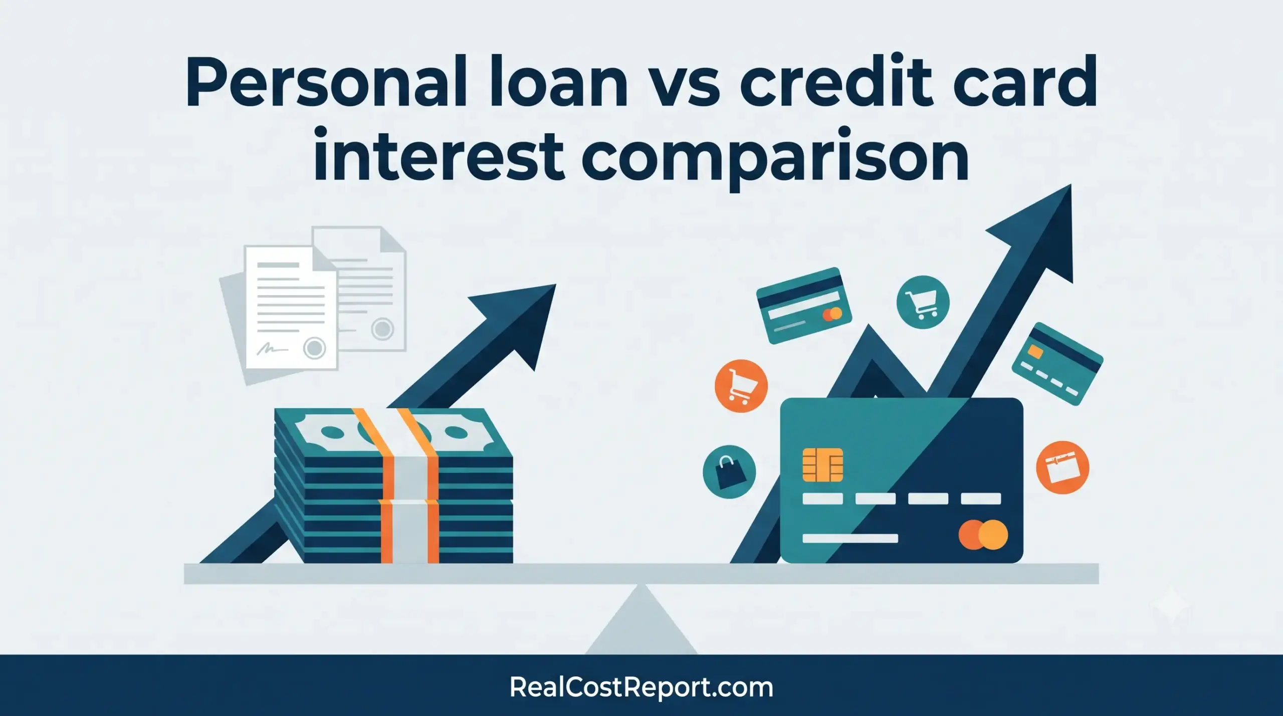 A geometric vector illustration for RealCostReport.com compares a stack of cash and a credit card on a balance scale.