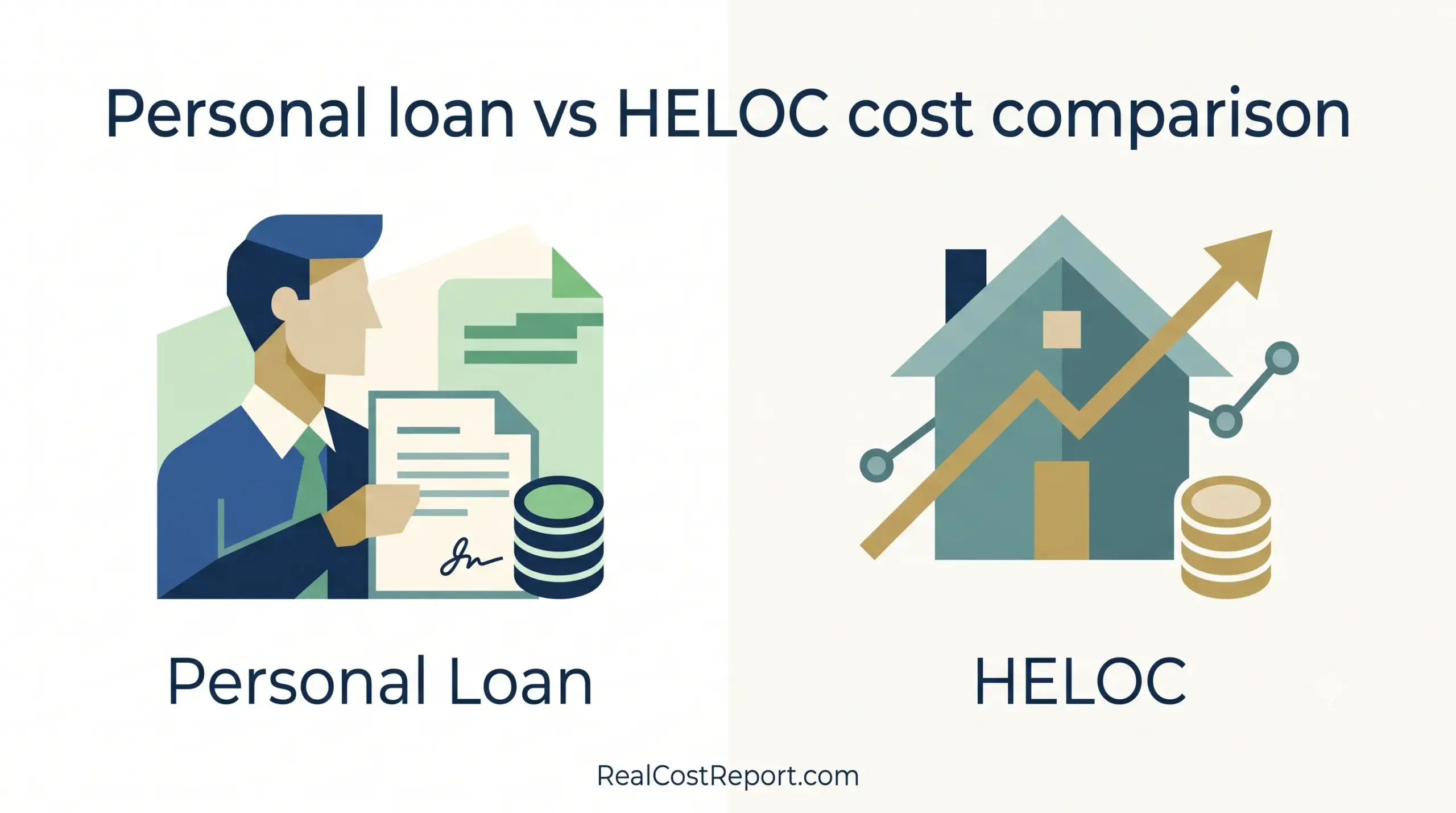 Geometric vector illustration comparing personal loan and HELOC costs with clean icons and professional typography.