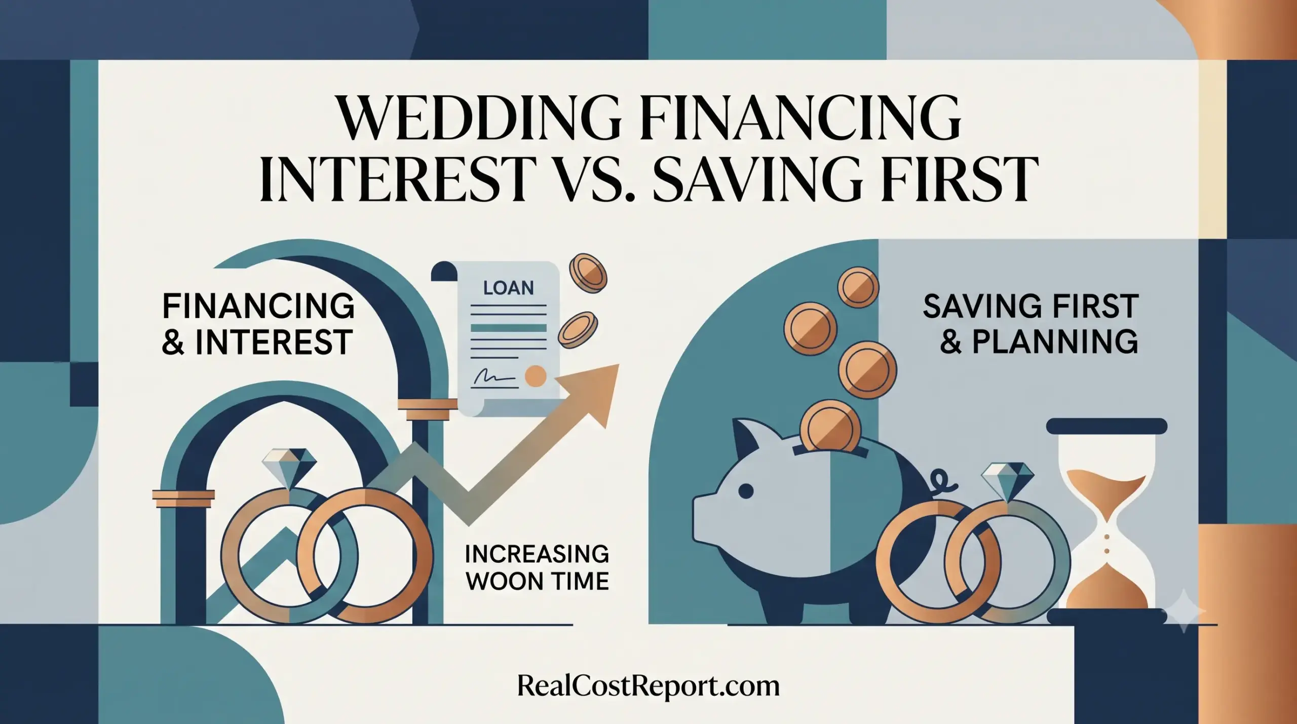 A modern geometric illustration comparing wedding financing and interest on the left with saving and planning on the right.