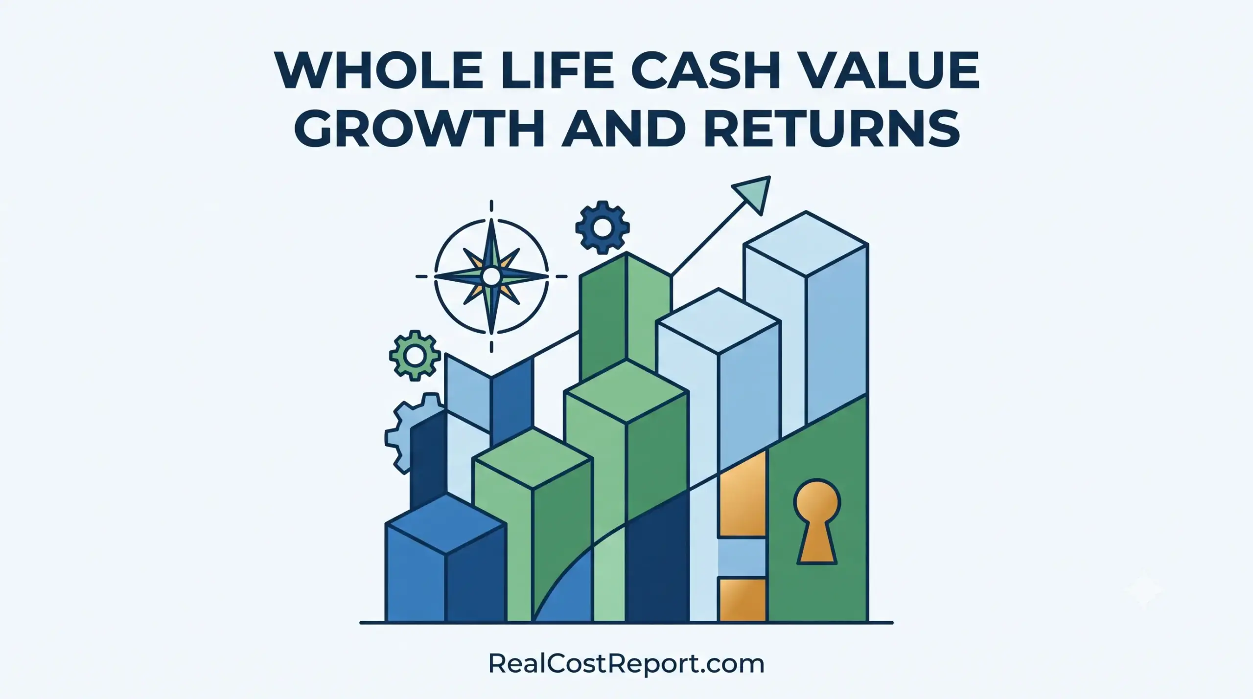 A minimal geometric vector illustration showing rising blue and green columns, gears, and a compass to represent cash value growth.
