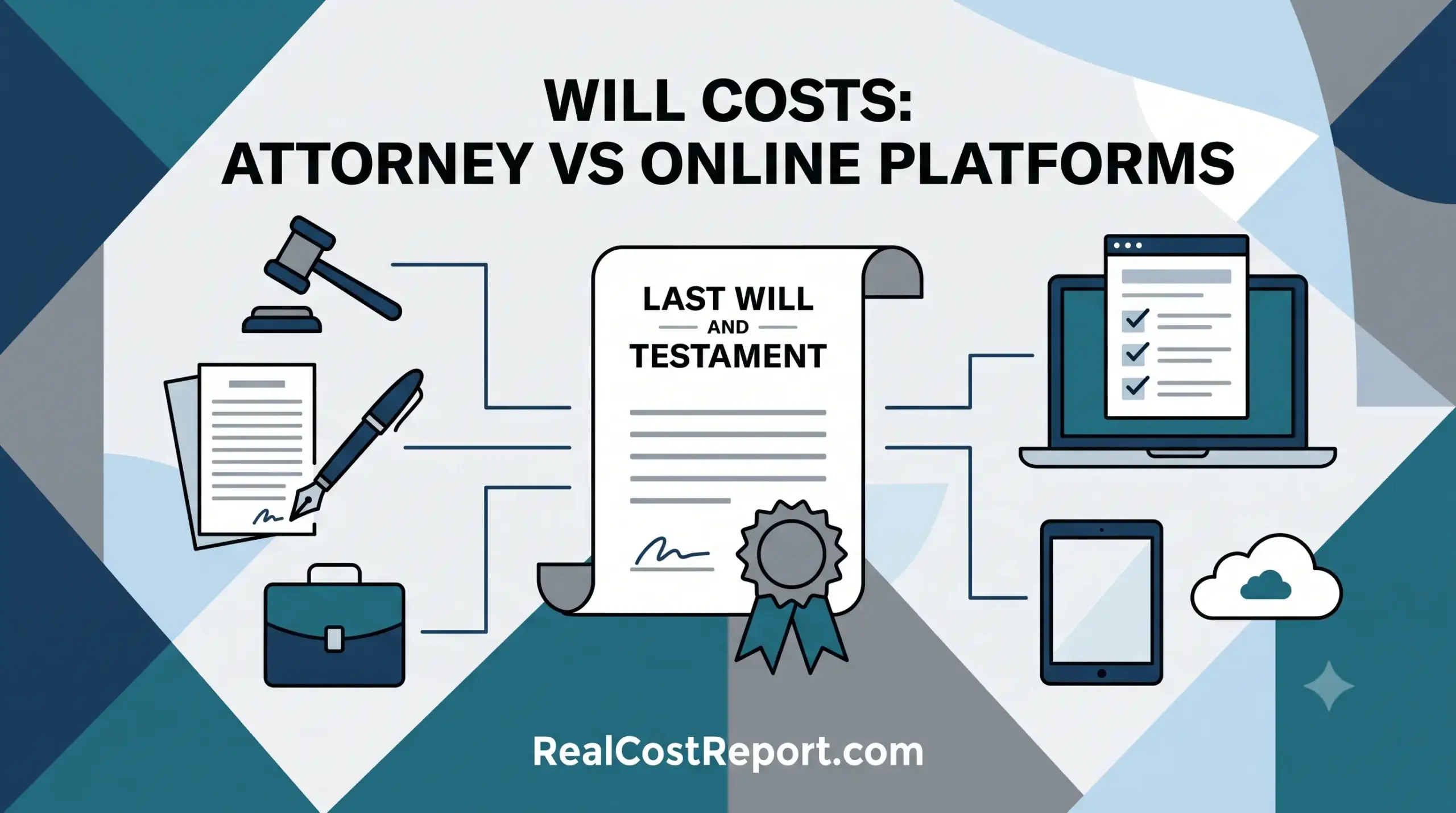 Geometric illustration comparing legal will services, featuring a gavel and briefcase beside a laptop and tablet, with the headline "WILL COSTS: ATTORNEY VS ONLINE PLATFORMS."