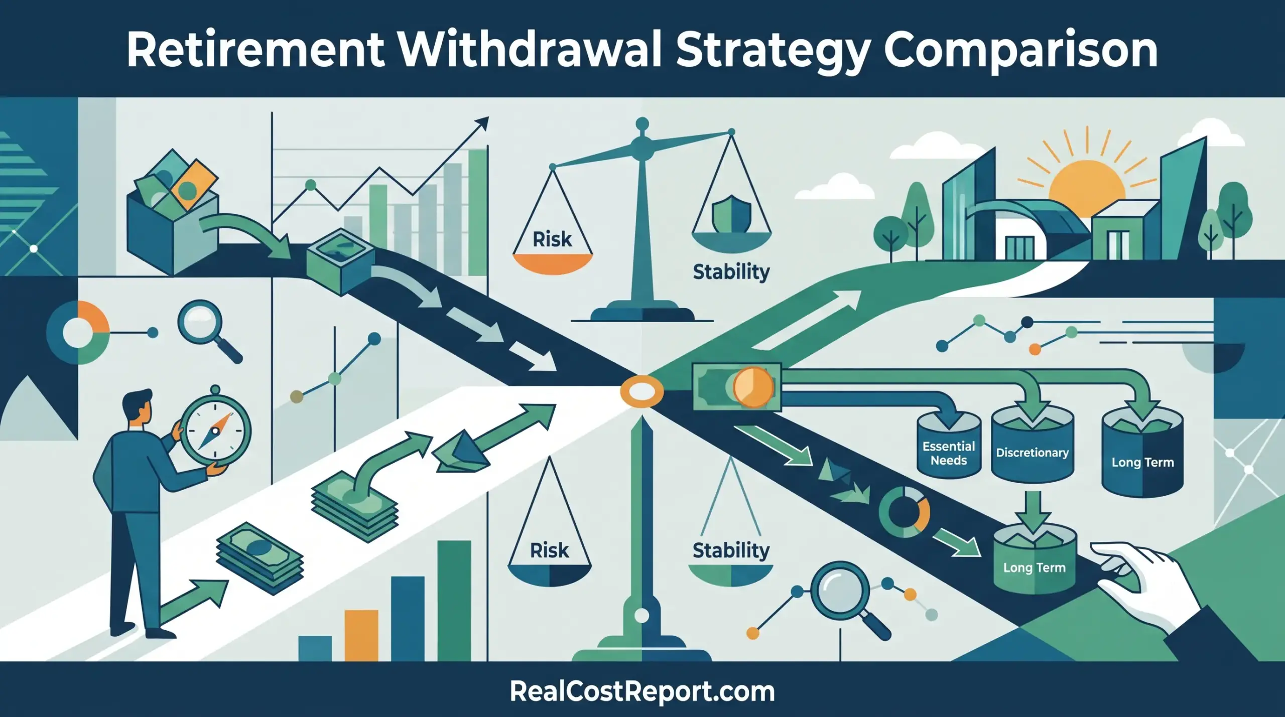 An intricate financial illustration comparing different retirement withdrawal paths, featuring a balance scale and labeled buckets, with the headline 'Retirement Withdrawal Strategy Comparison' and website URL.