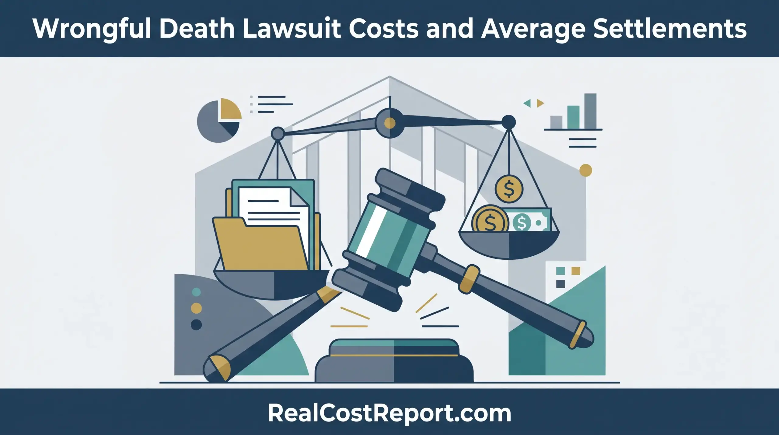 Flat vector illustration of scales of justice balancing documents against money bags, with a large gavel below them, for RealCostReport.com.