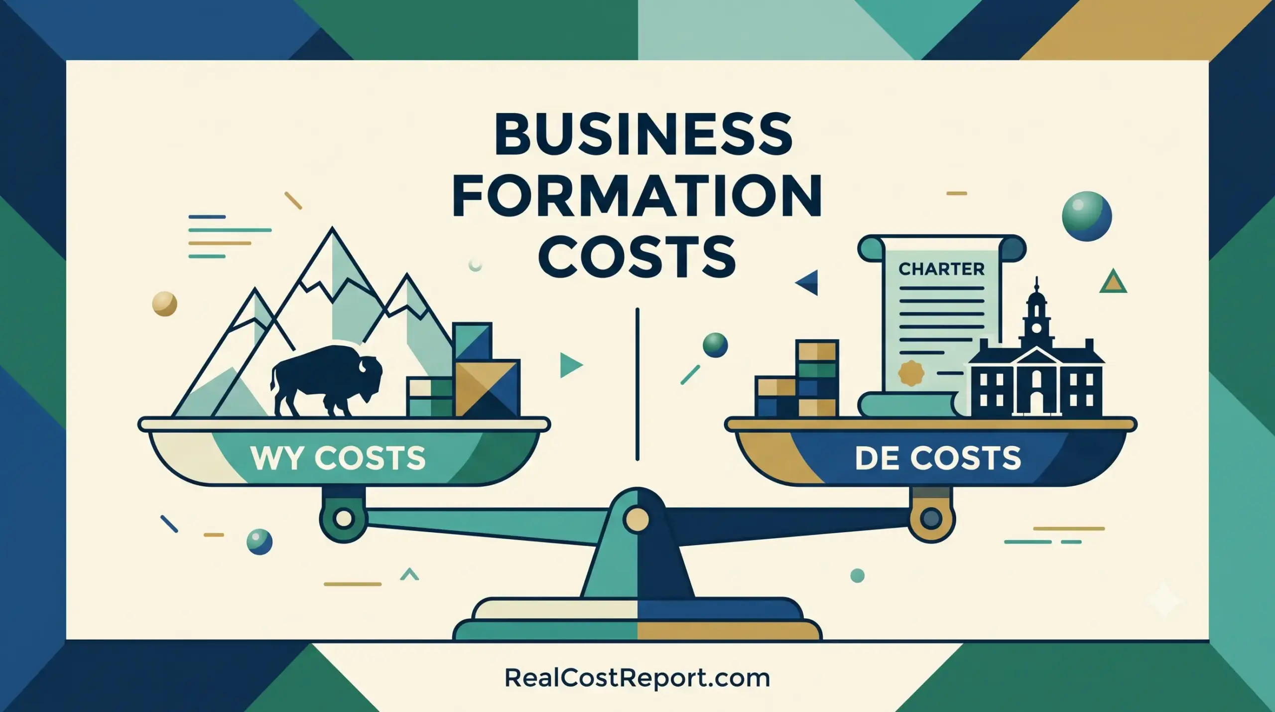 Geometric vector illustration comparing business formation costs of Wyoming and Delaware on a scale balance.