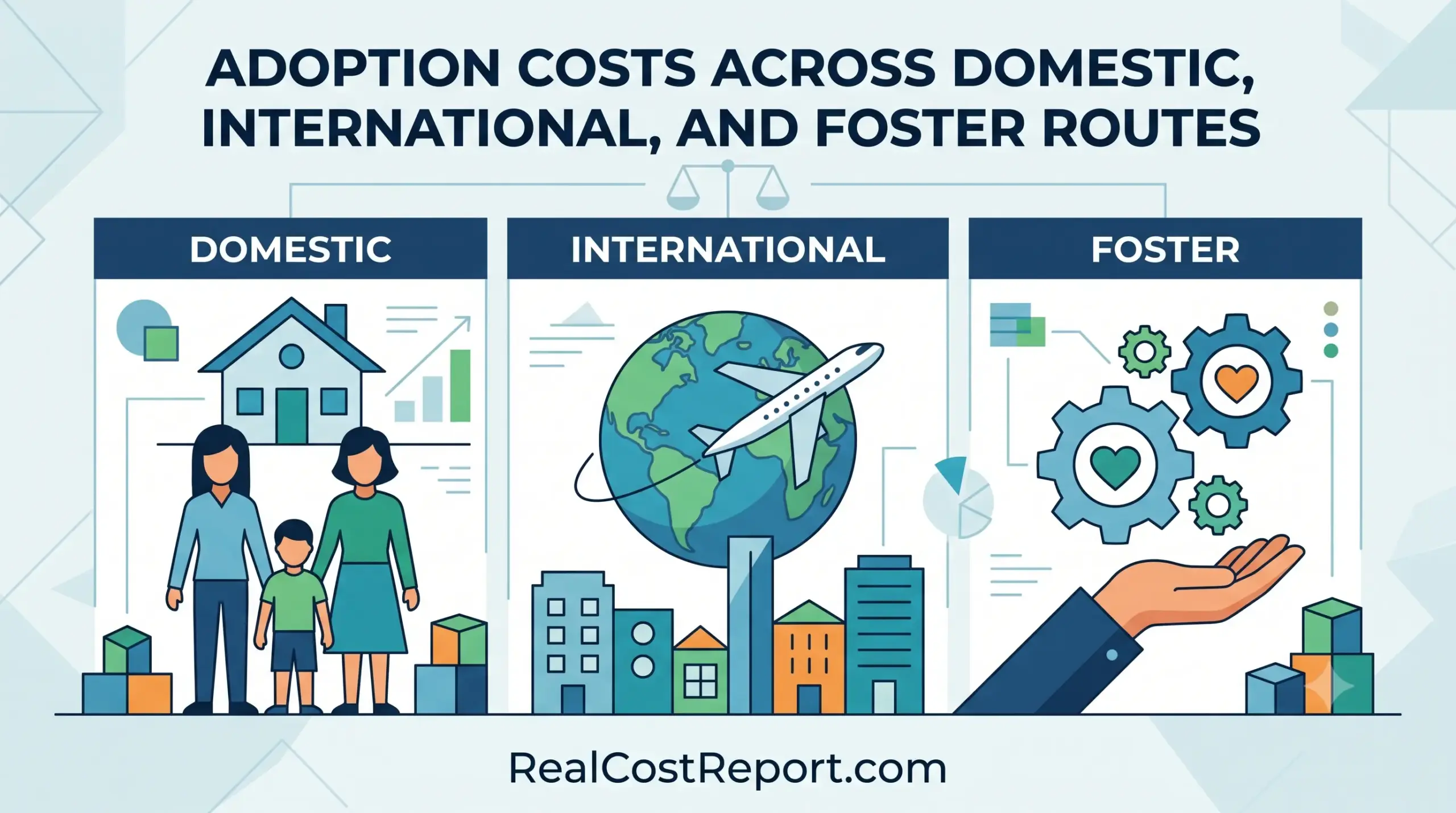 An editorial vector illustration titled 'Adoption Costs Across Domestic, International, and Foster Routes' with three stylized comparison panels.