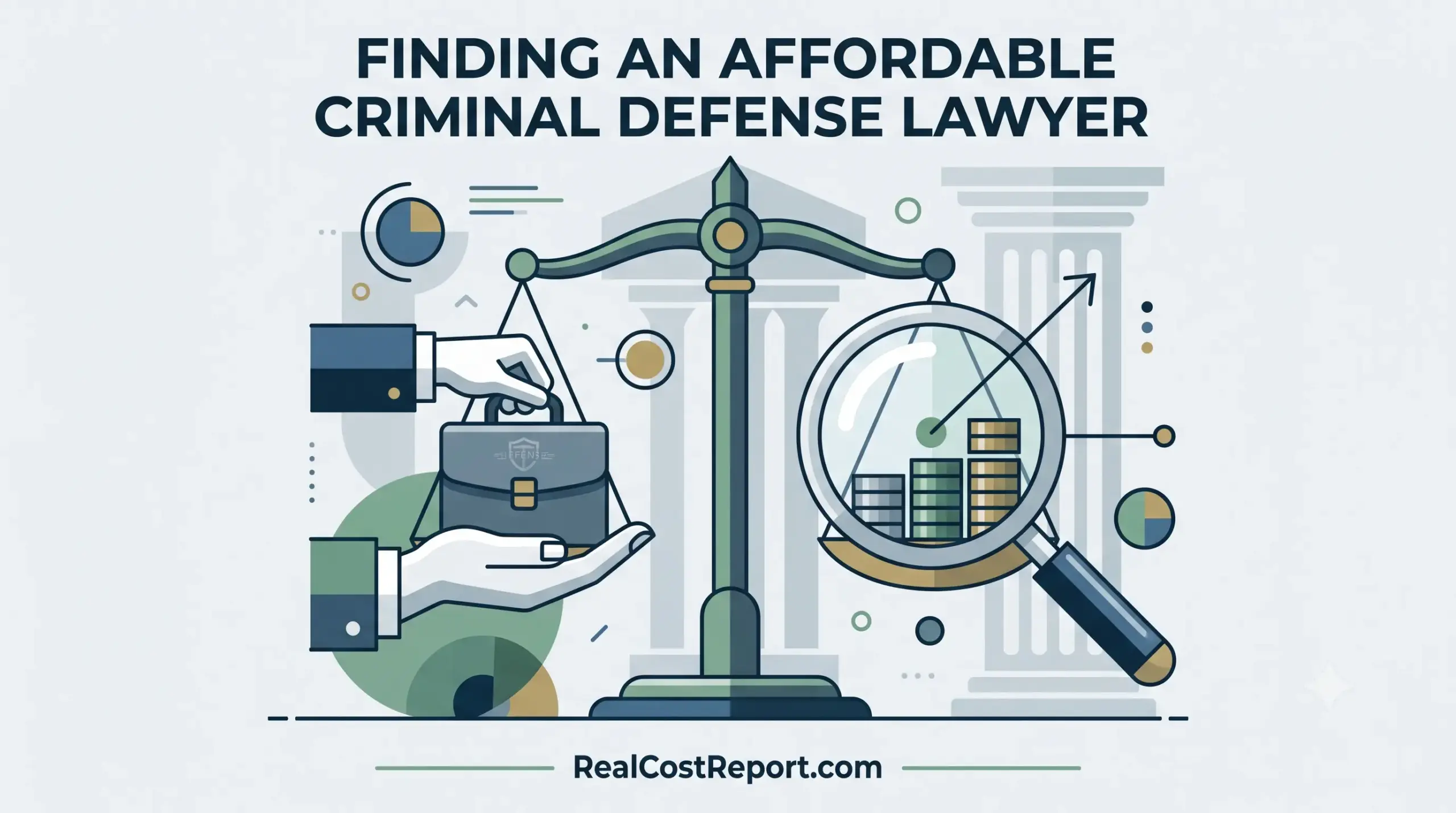 Flat vector illustration of a scale balancing a legal briefcase and money, with a magnifying glass examining the cost.