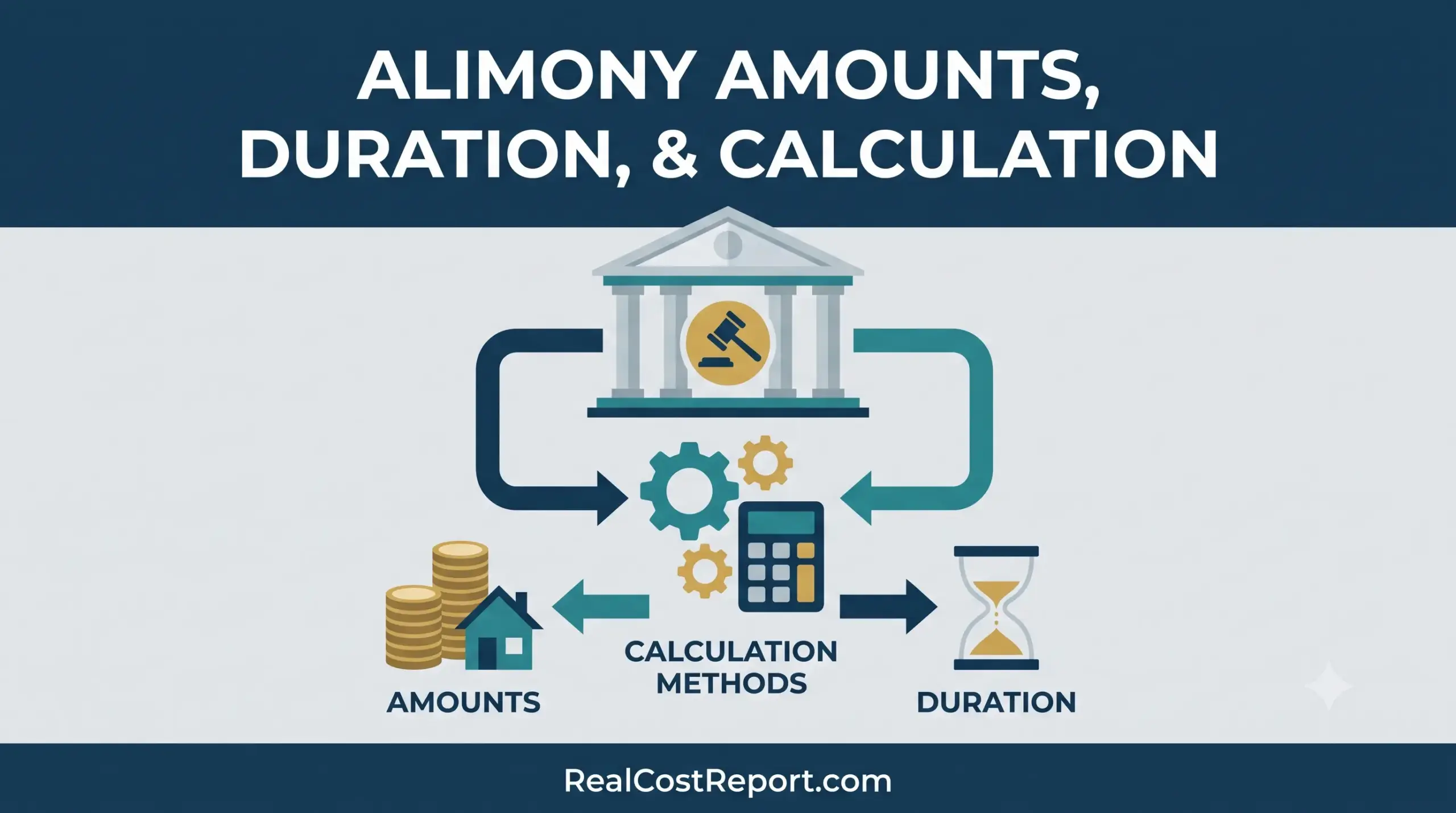 An infographic titled 'Alimony Amounts, Duration, & Calculation' illustrating the legal and financial process at RealCostReport.com.