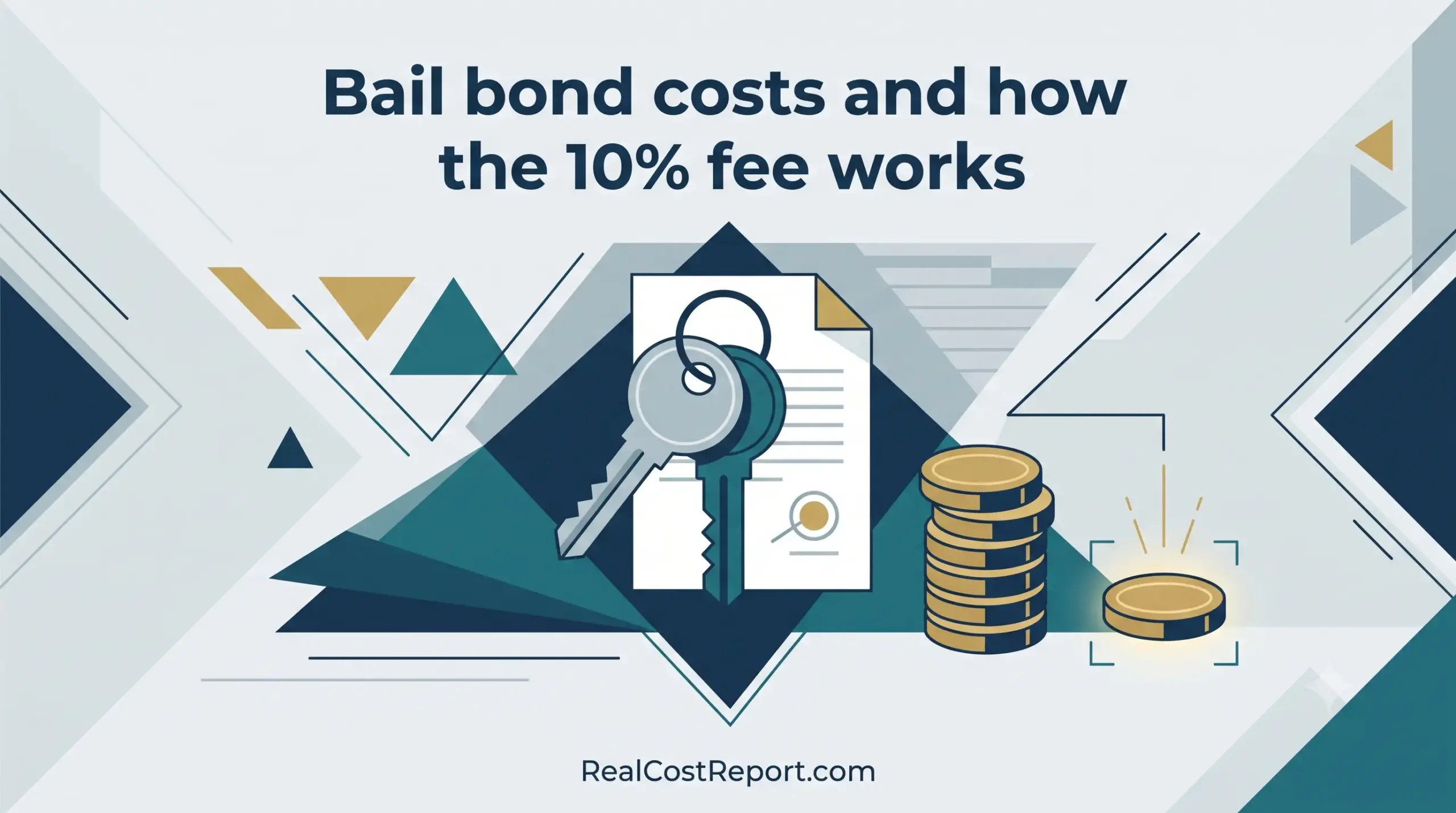 A modern geometric illustration showing keys, documents, and stacks of coins to represent a bail bond cost analysis.