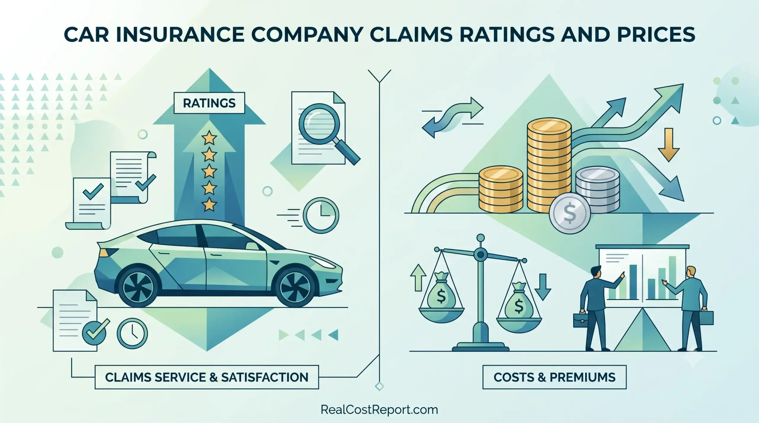 Geometric vector illustration comparing car insurance claims service ratings and policy costs.