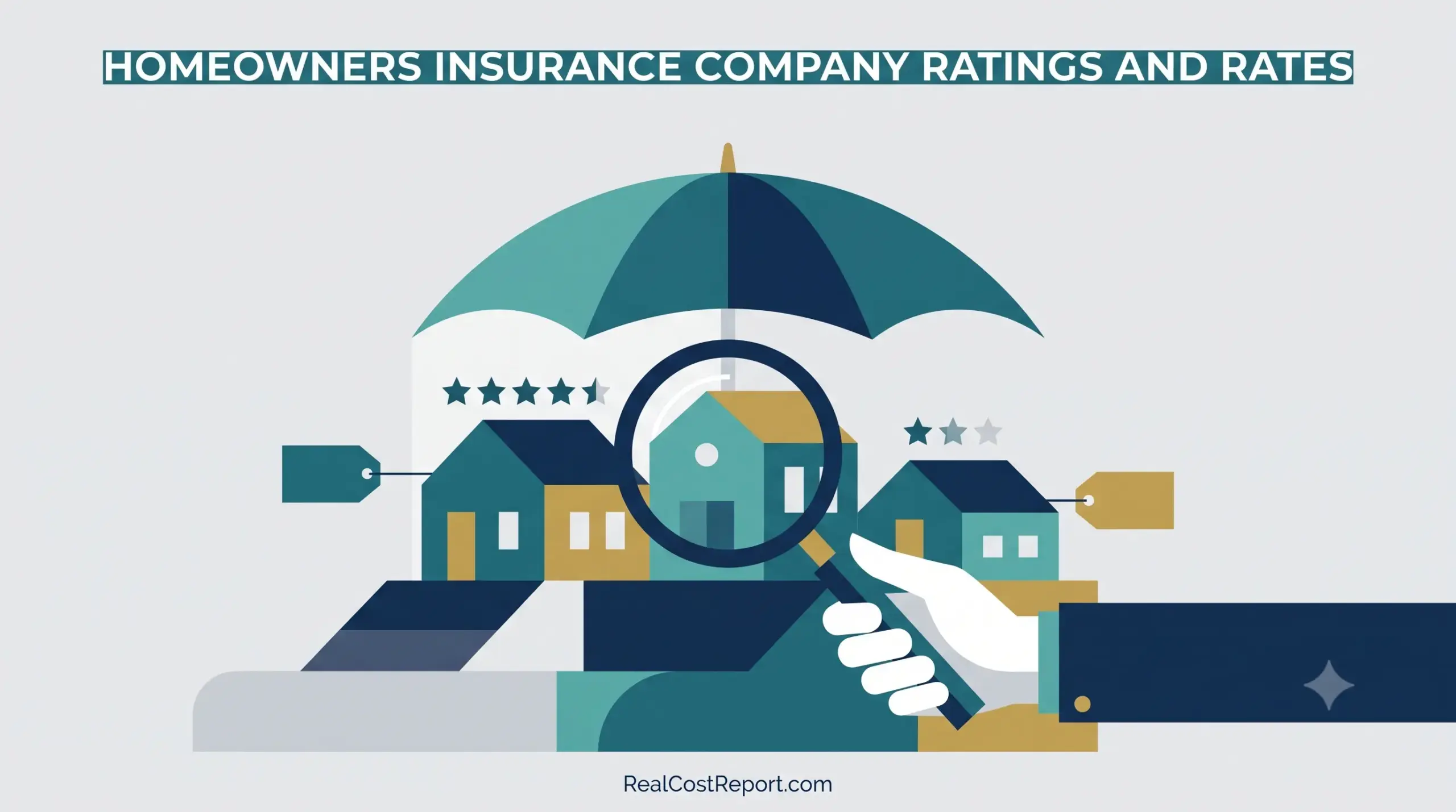 Geometric vector illustration of houses under an umbrella examined with a magnifying glass, featuring star ratings and price tags.