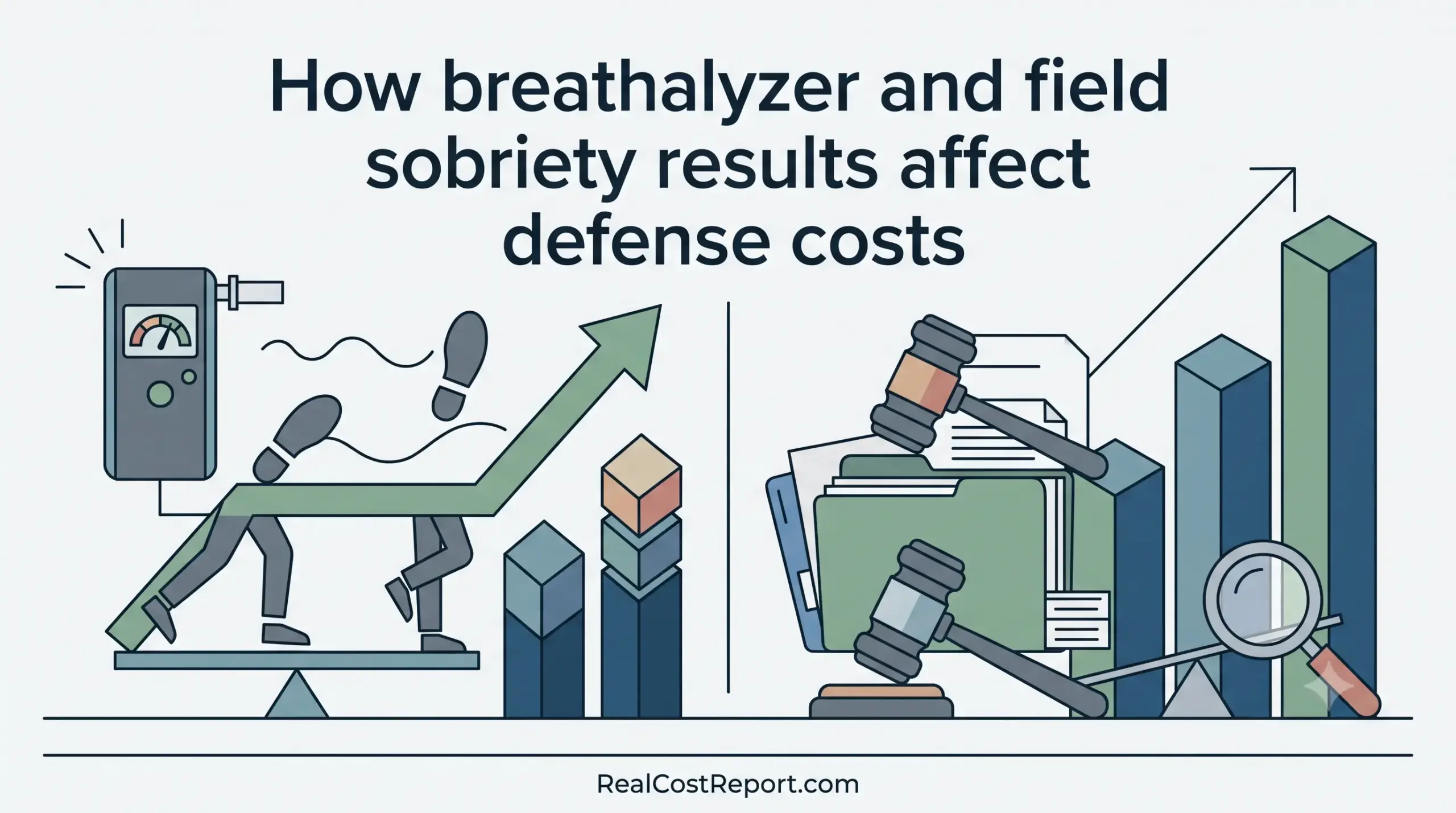 Geometric vector illustration of a breathalyzer, footsteps, and gavels on graphs showing legal defense costs rising.