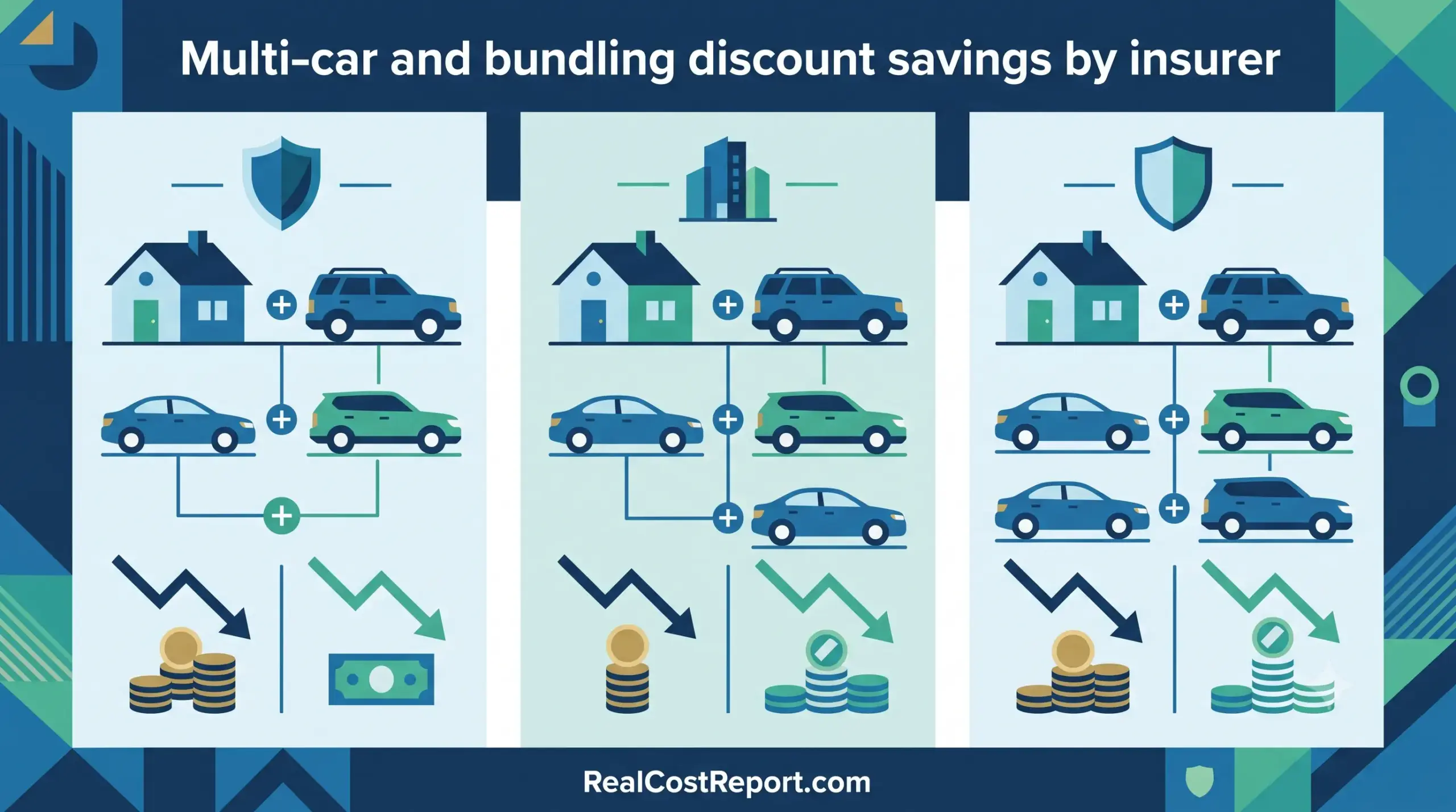 Geometric vector illustration for Real Cost Report comparing home, auto, and multi-car bundling discount savings across different insurers.