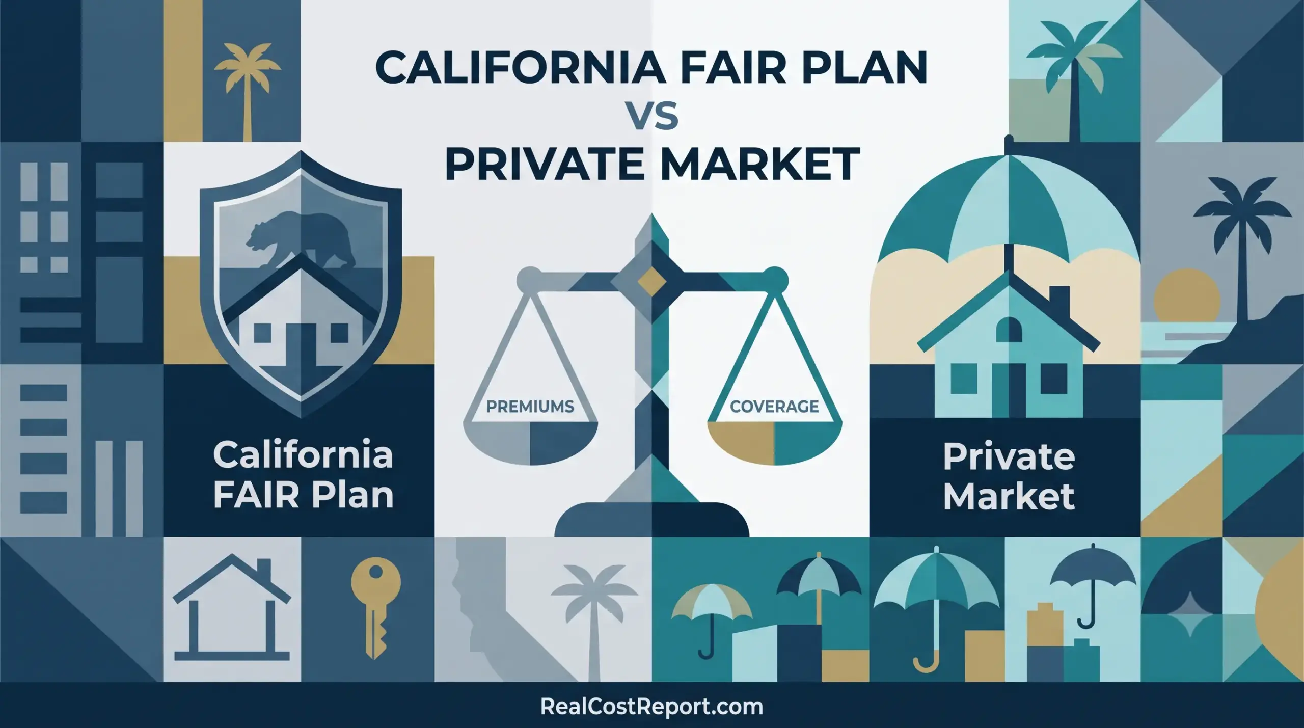 A modern geometric illustration comparing California's FAIR Plan insurance with private market options, using scales, shields, and umbrellas.