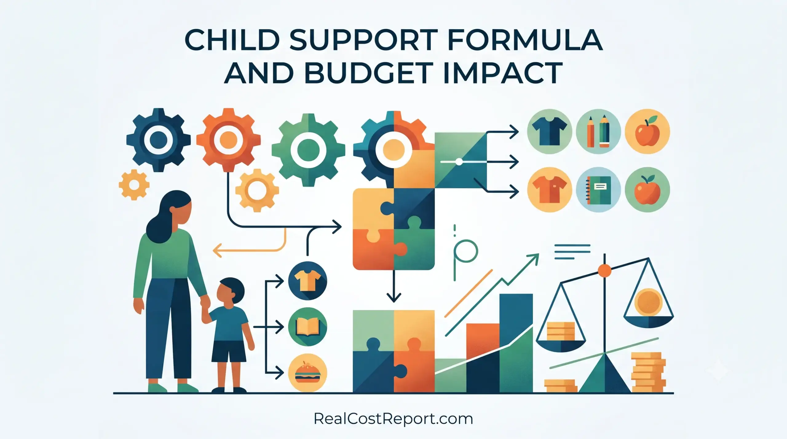 Geometric vector illustration showing a child, adult, and icons for expenses, representing the budget formula impact.