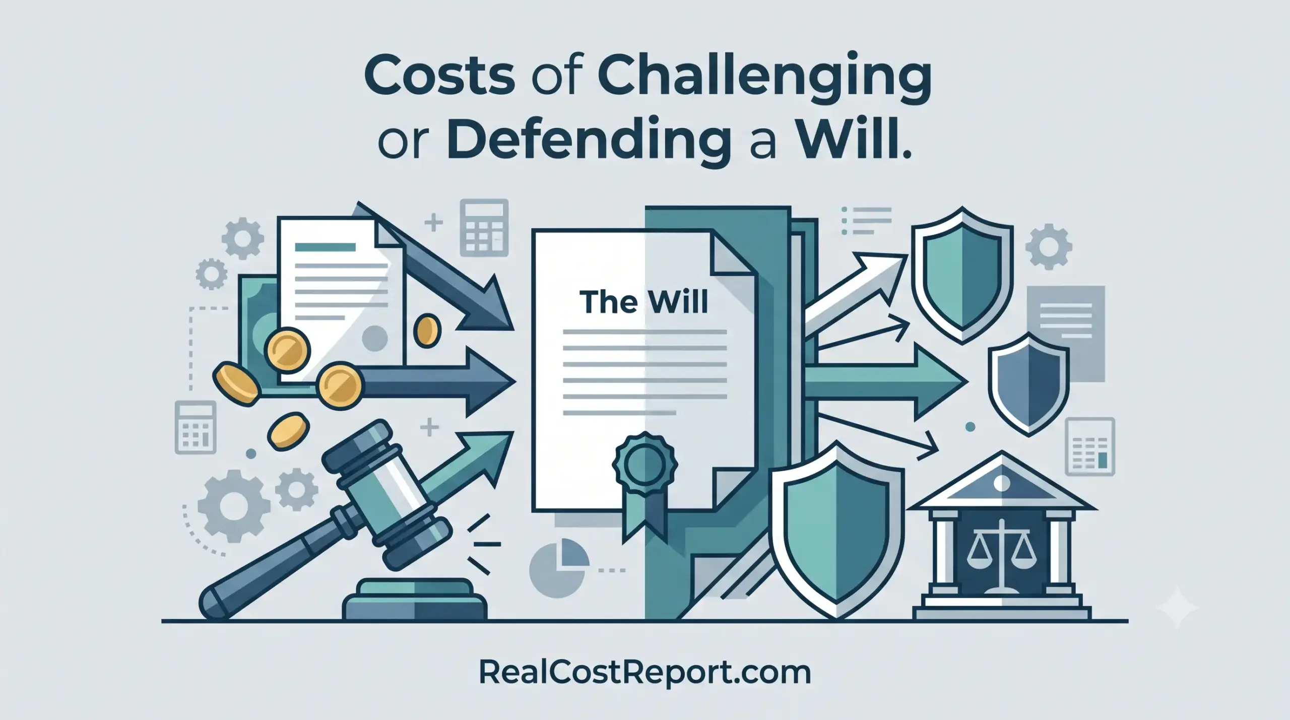 A clean vector illustration with legal and cost icons titled "Costs of Challenging or Defending a Will" from RealCostReport.com.