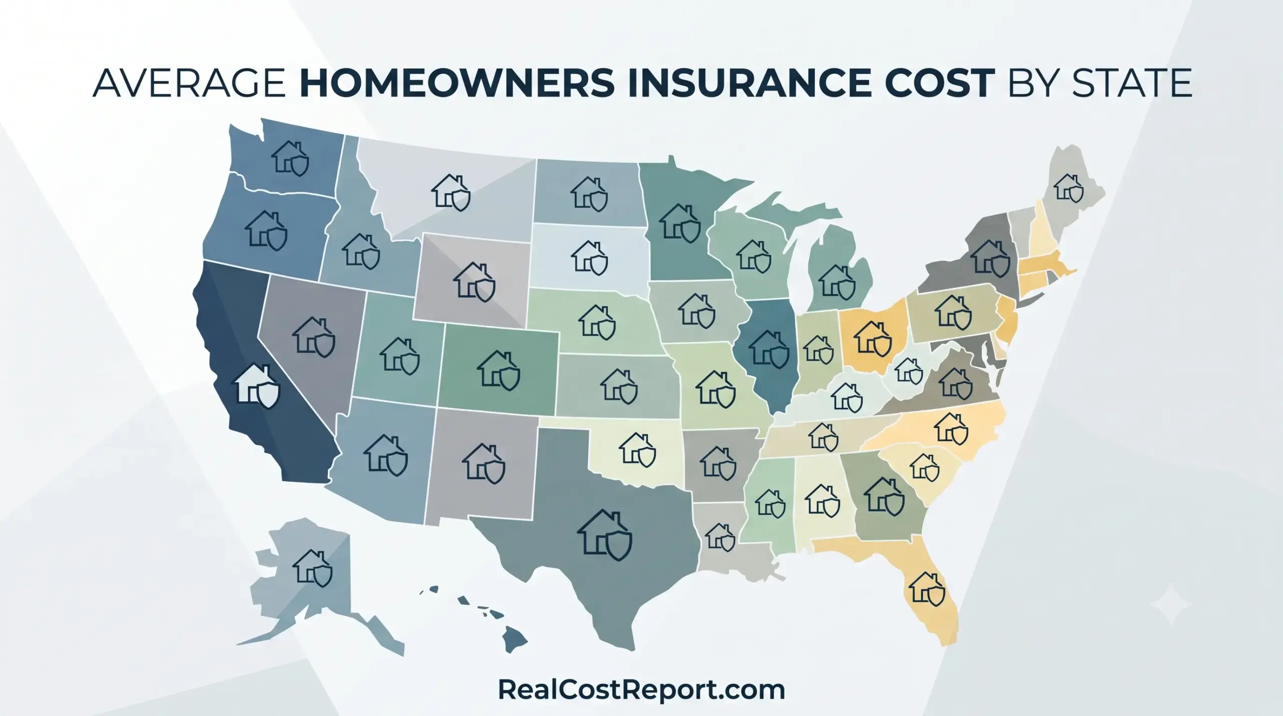 Minimalist geometric United States map featuring house and shield icons, titled "Average Homeowners Insurance Cost by State."
