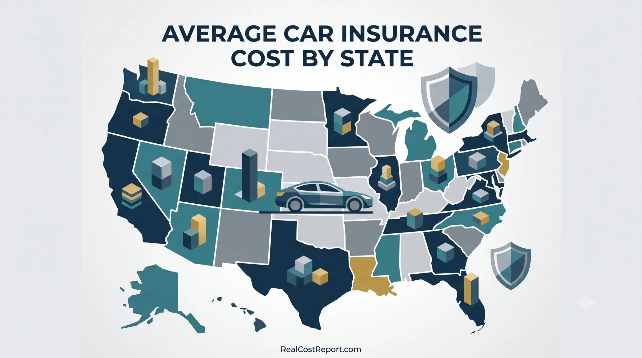 Geometric US map illustration with car and shields, comparing average car insurance costs by state.