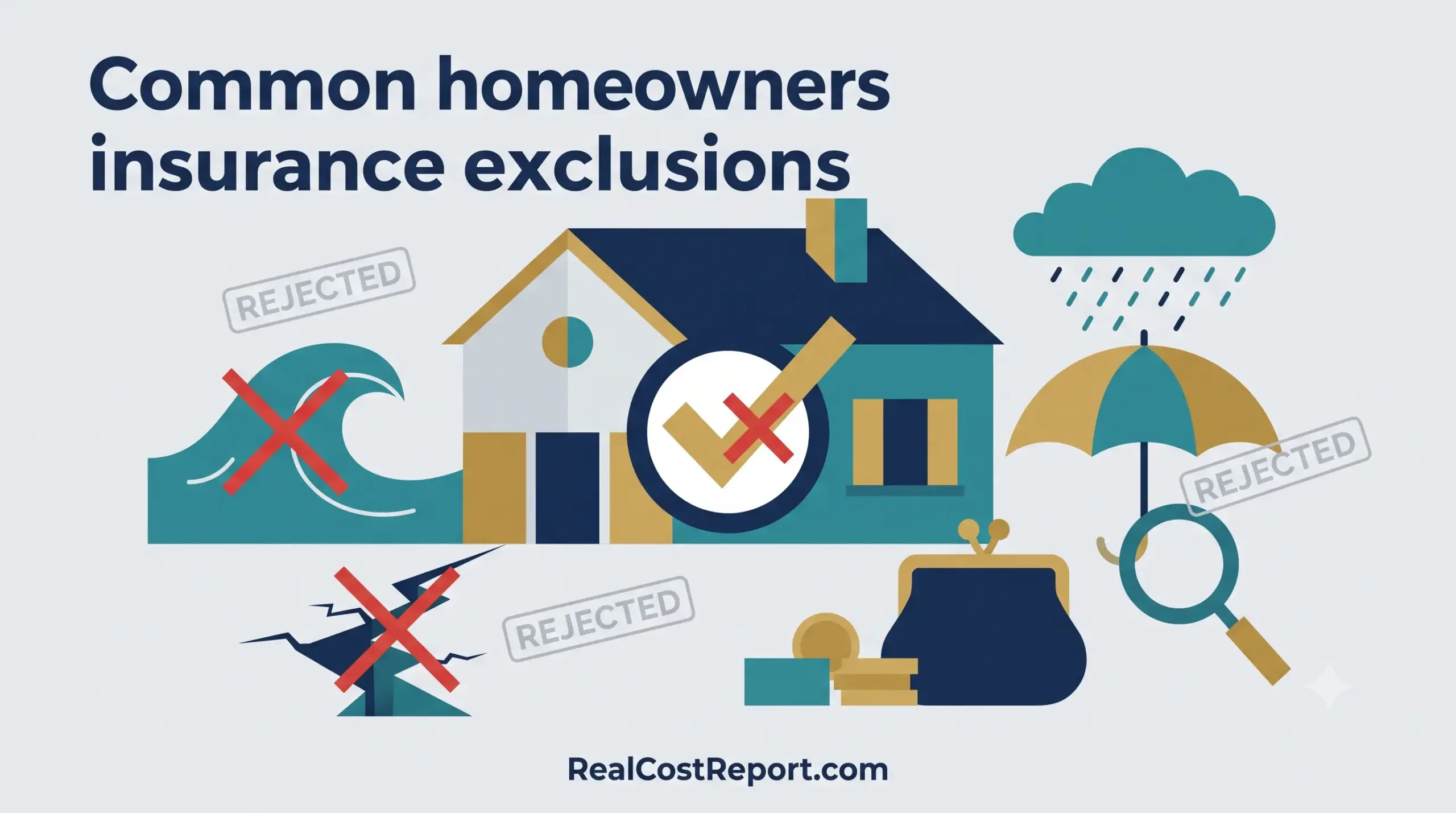 Minimalist vector illustration of a house with crossed-out flood and earthquake symbols, depicting common homeowners insurance exclusions.