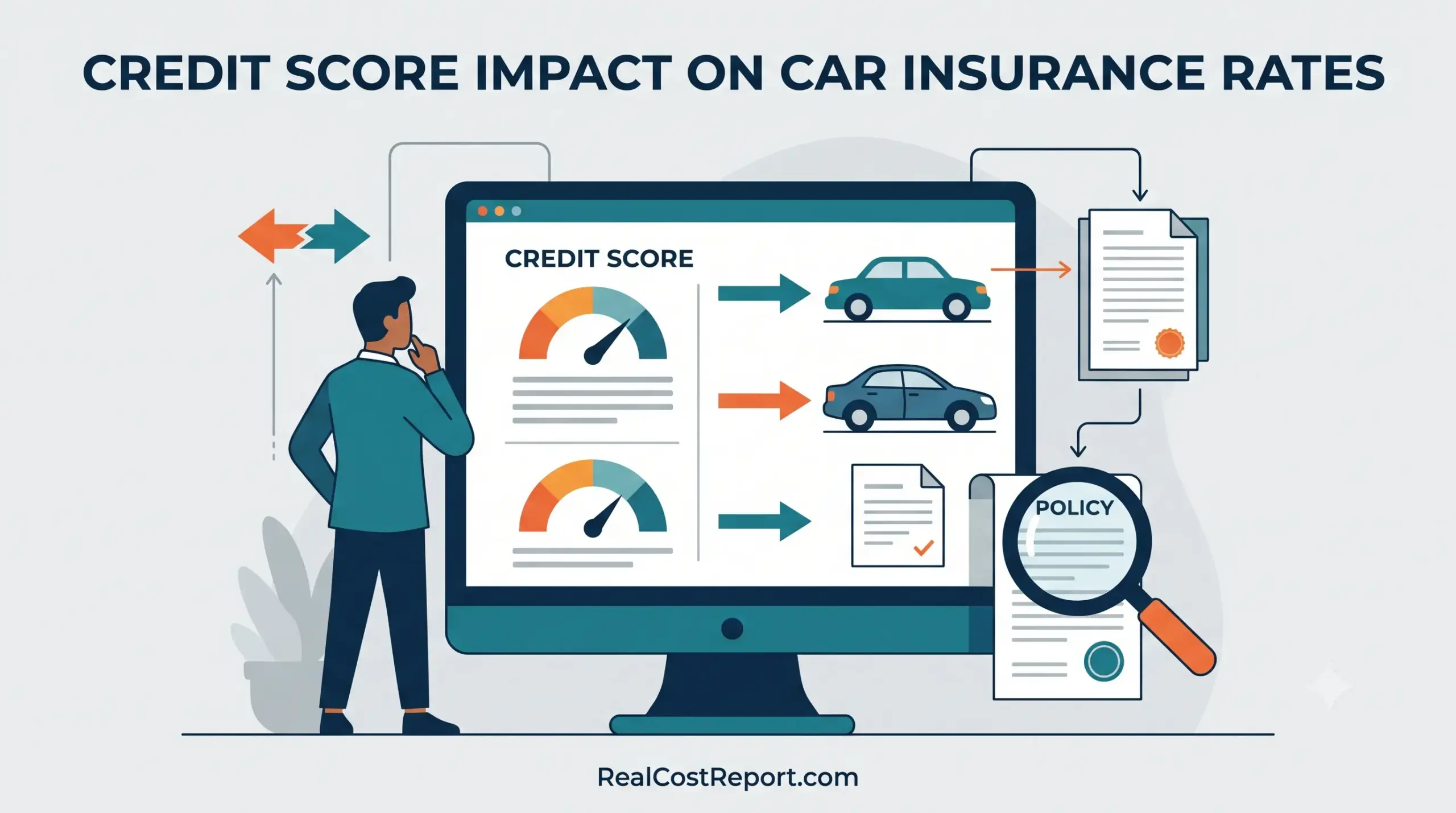 A vector illustration shows a man analyzing a computer screen linking credit score meters to car insurance policy documents.