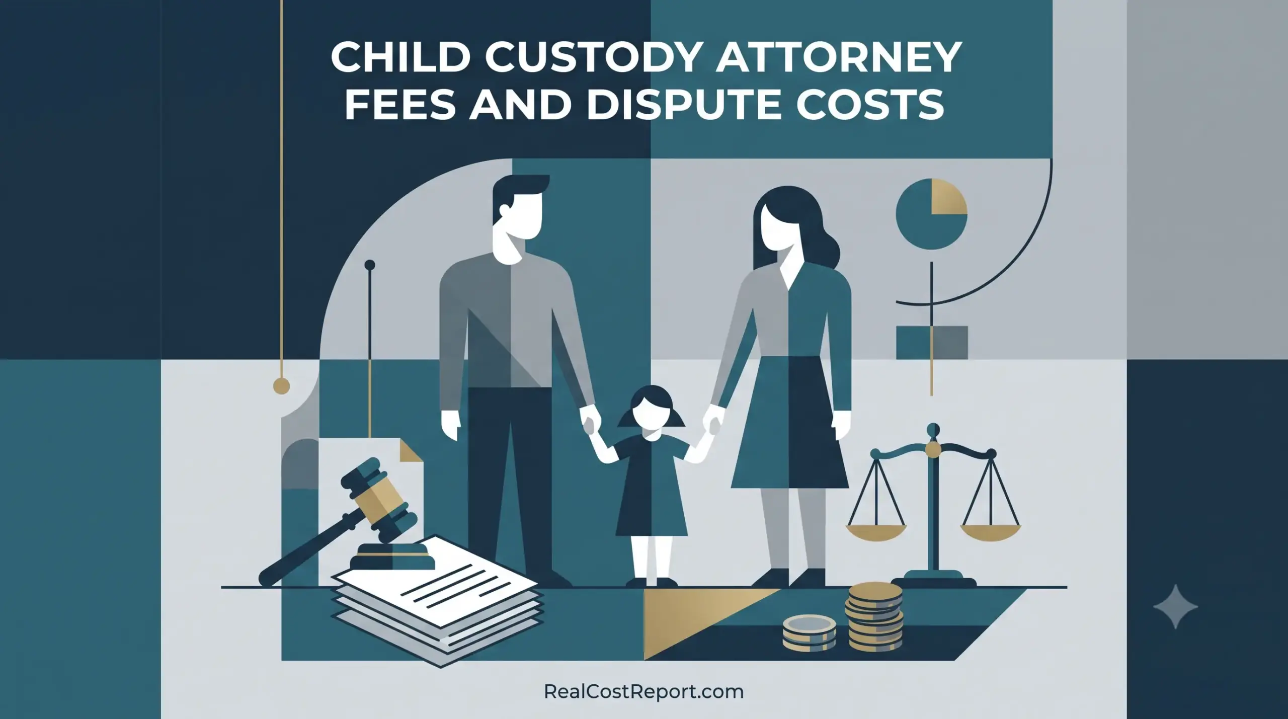 Geometric vector illustration of a family alongside a gavel, legal papers, scales of justice, and coins for Real Cost Report.
