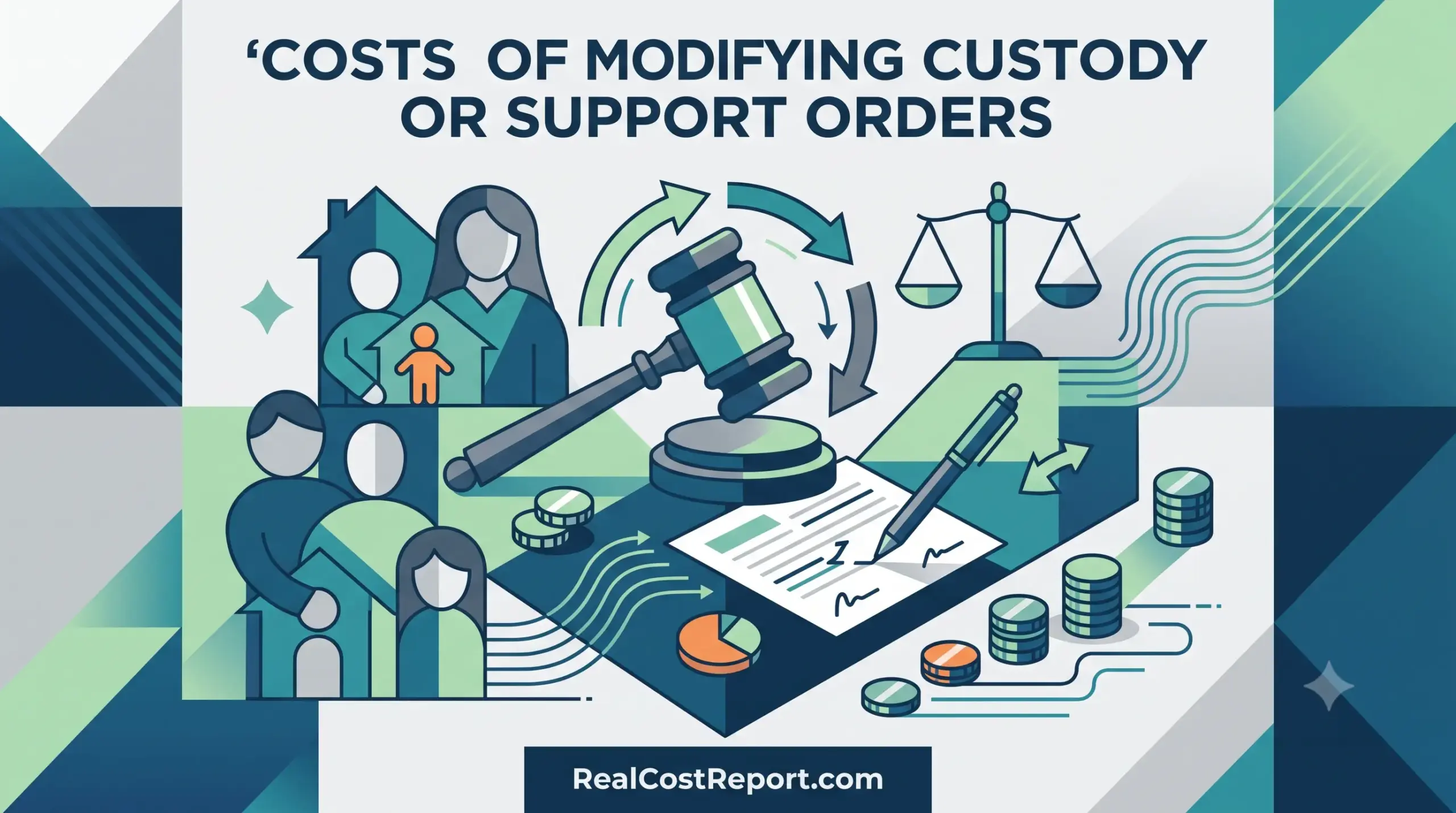 An illustrative graphic showing a gavel, scales, and people with a headline about the costs of modifying custody or support orders.