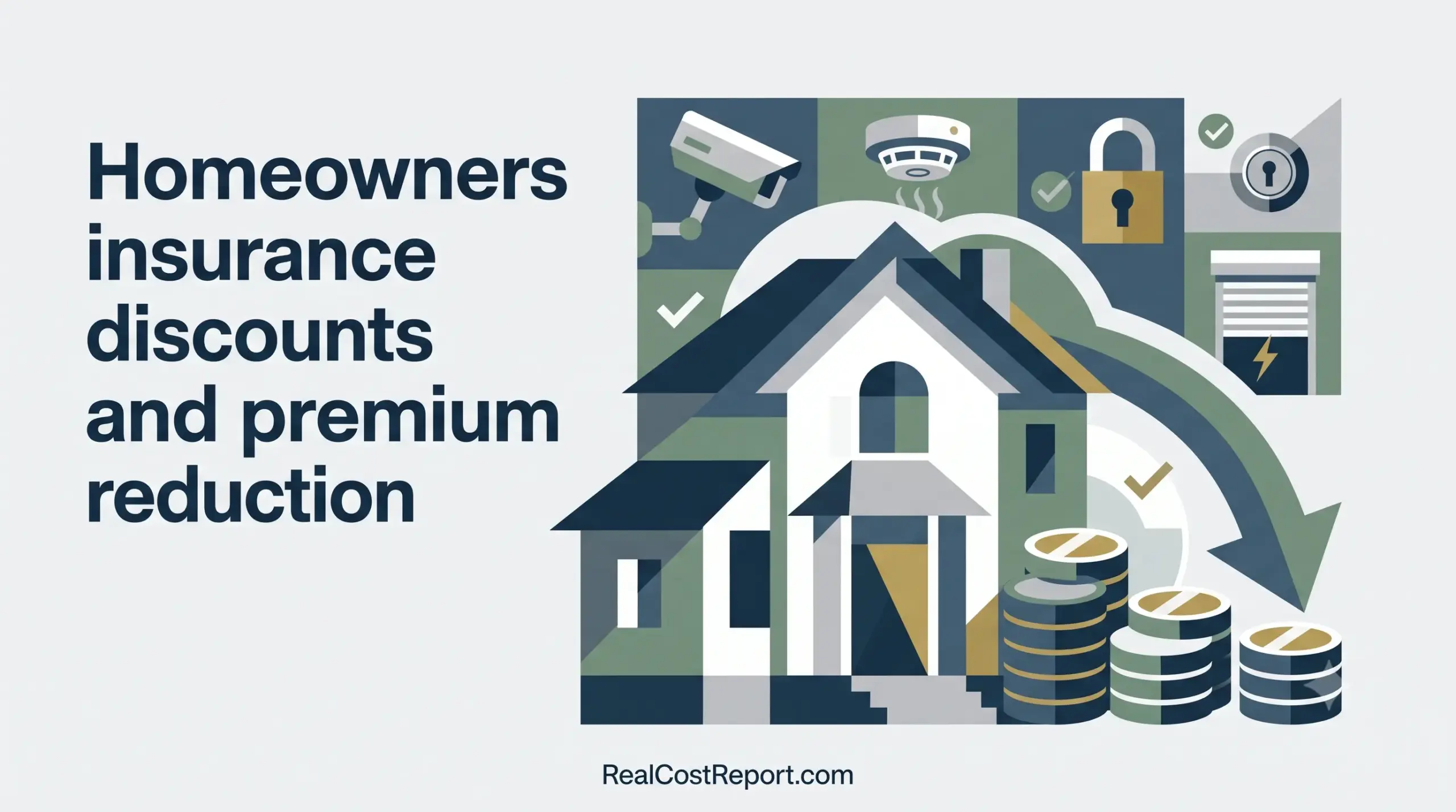 Geometric vector illustration showing a house with security icons, coins, and a downward arrow for insurance savings.