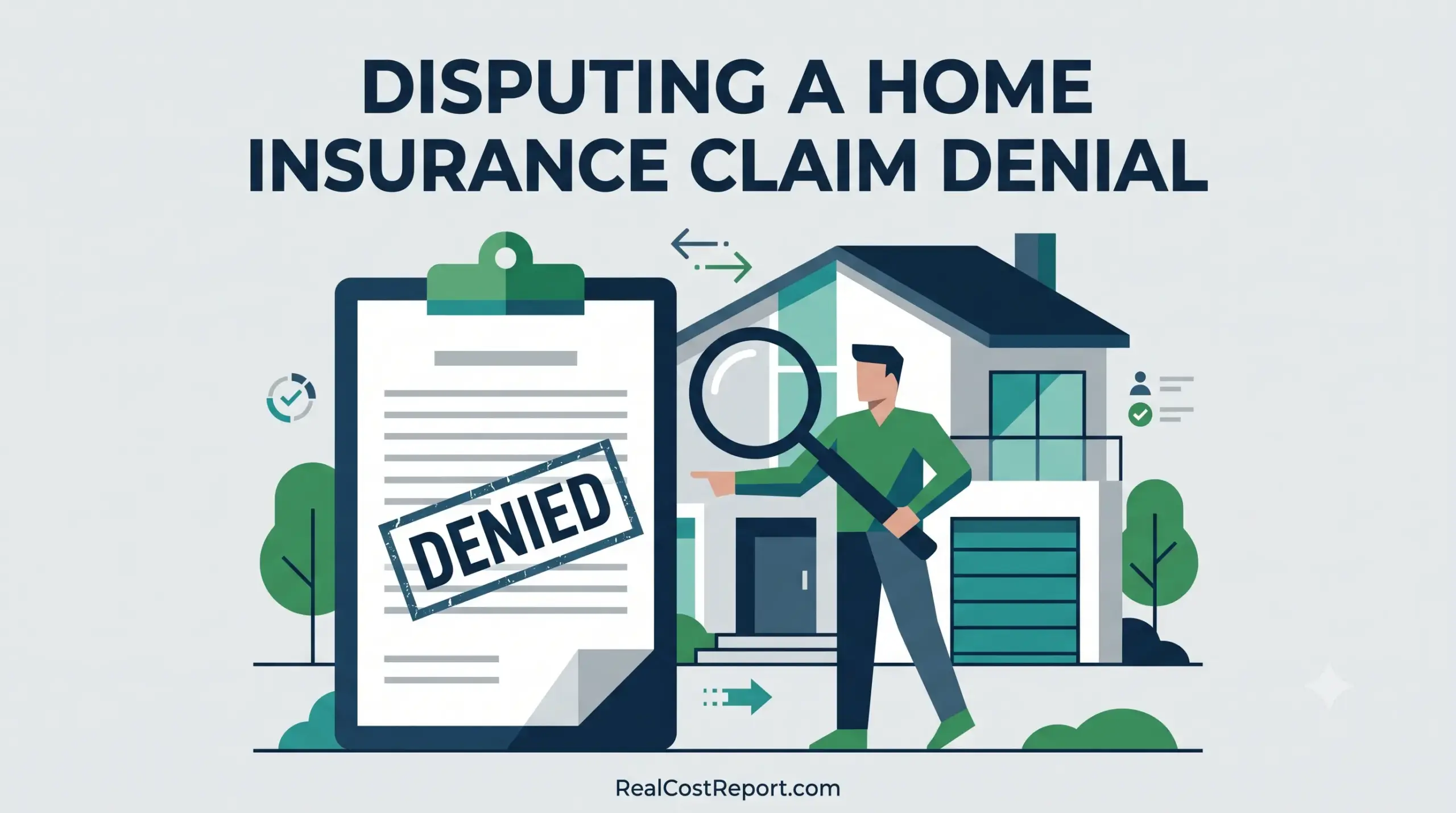 A clean vector illustration of a person investigating a denied home insurance claim form next to a house.