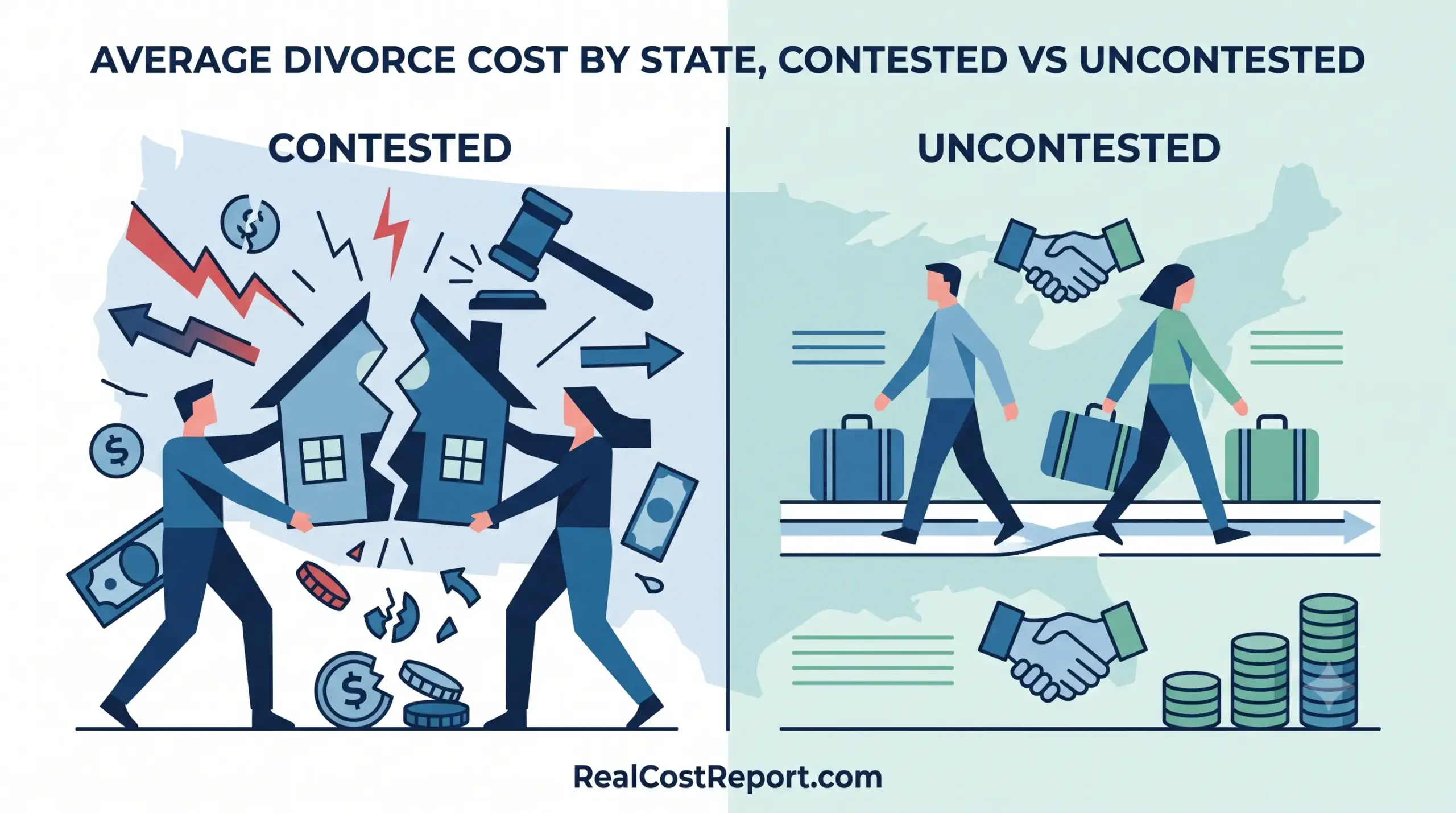Geometric vector illustration comparing high-conflict contested divorce costs with smoother, less expensive uncontested processes in the US.