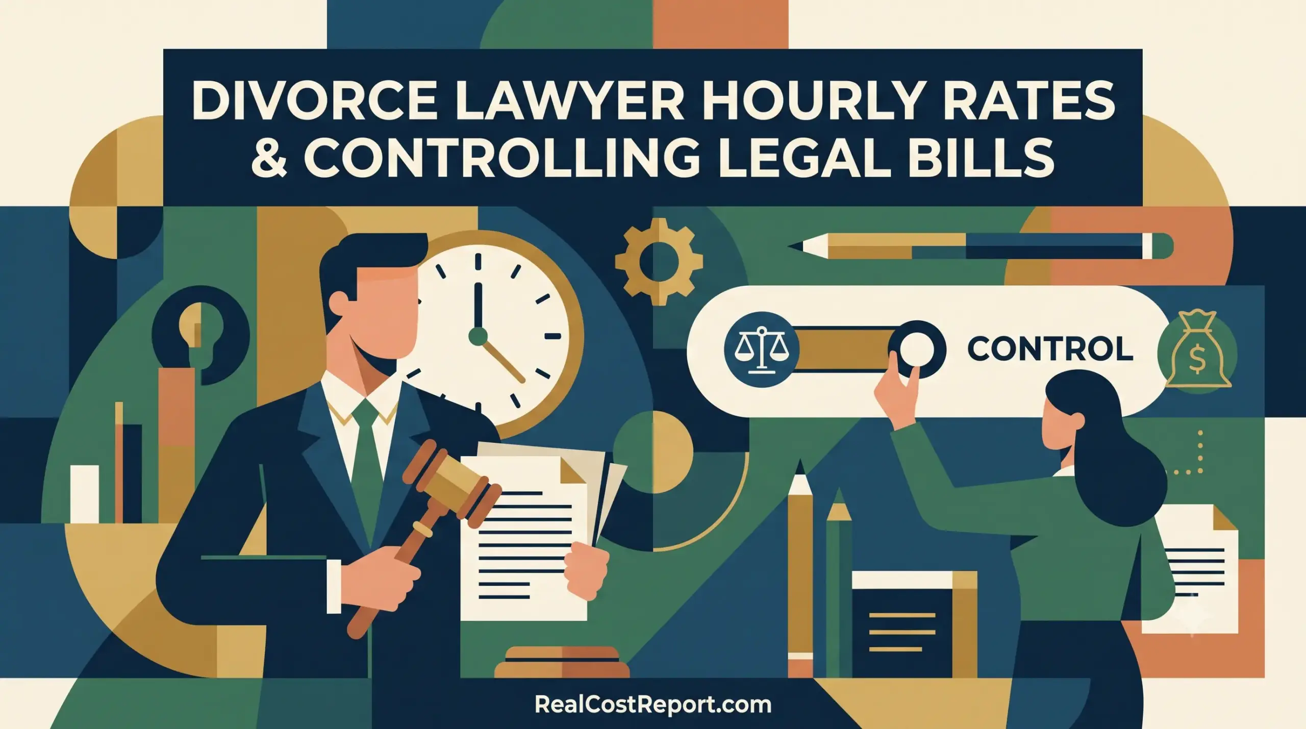 A geometric vector illustration shows a lawyer with a gavel and clock, and a client managing costs, representing legal bill control.