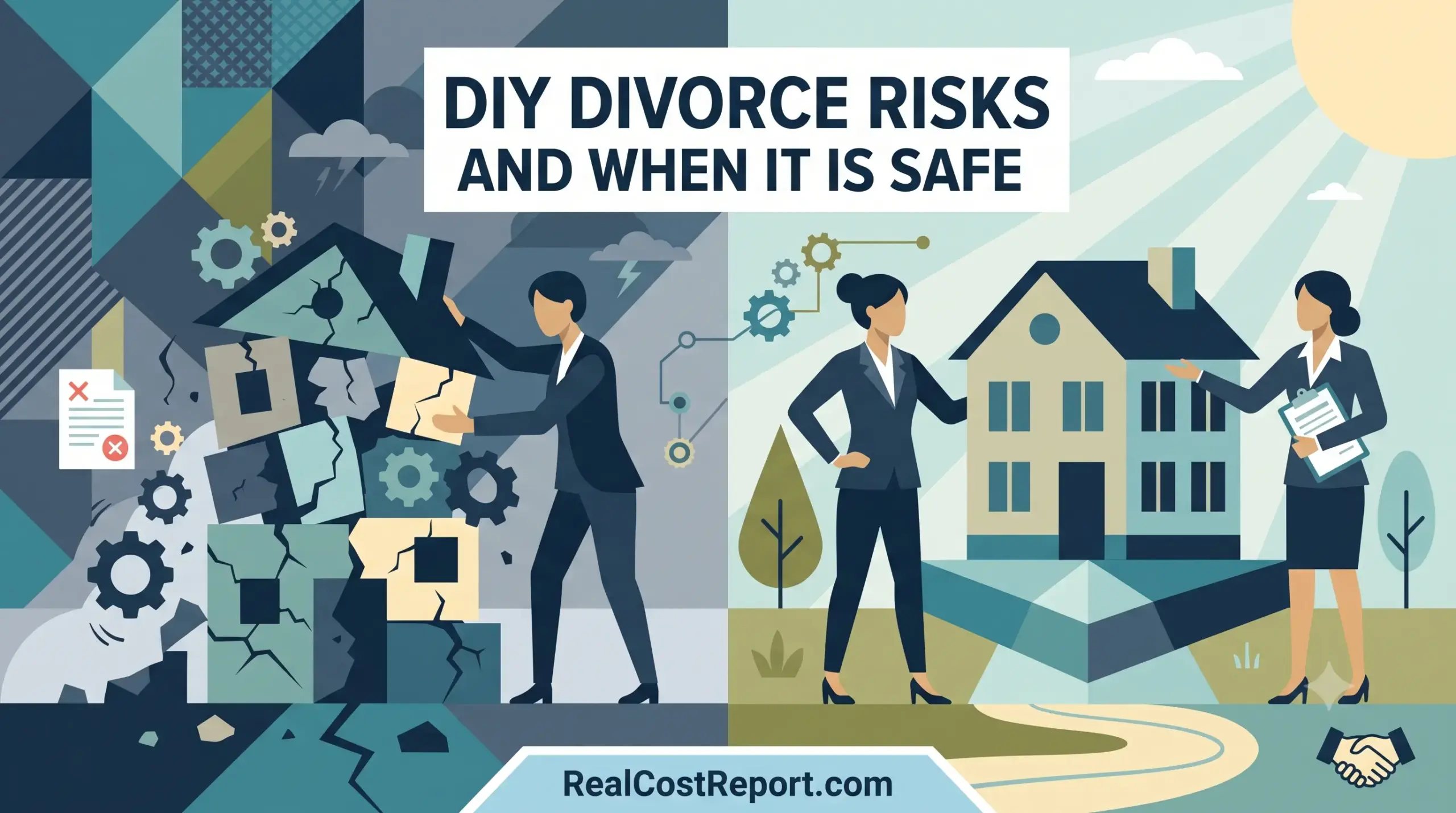 Flat design illustration contrasting a man struggling with a cracked, stormy house versus women building a stable, sunny home.