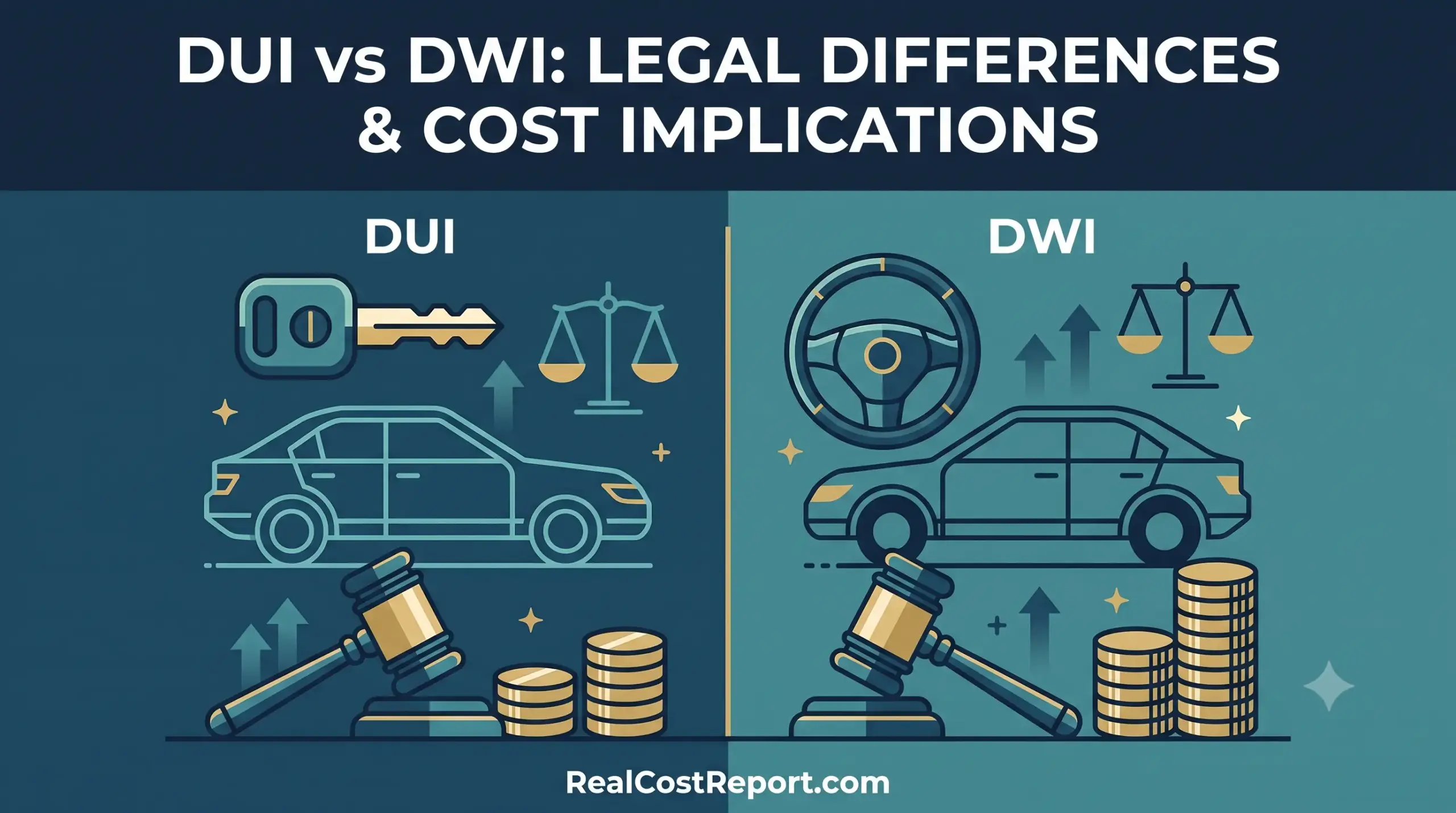 A geometric vector illustration with a split-screen comparison of car icons, gavels, and coins under a text headline.