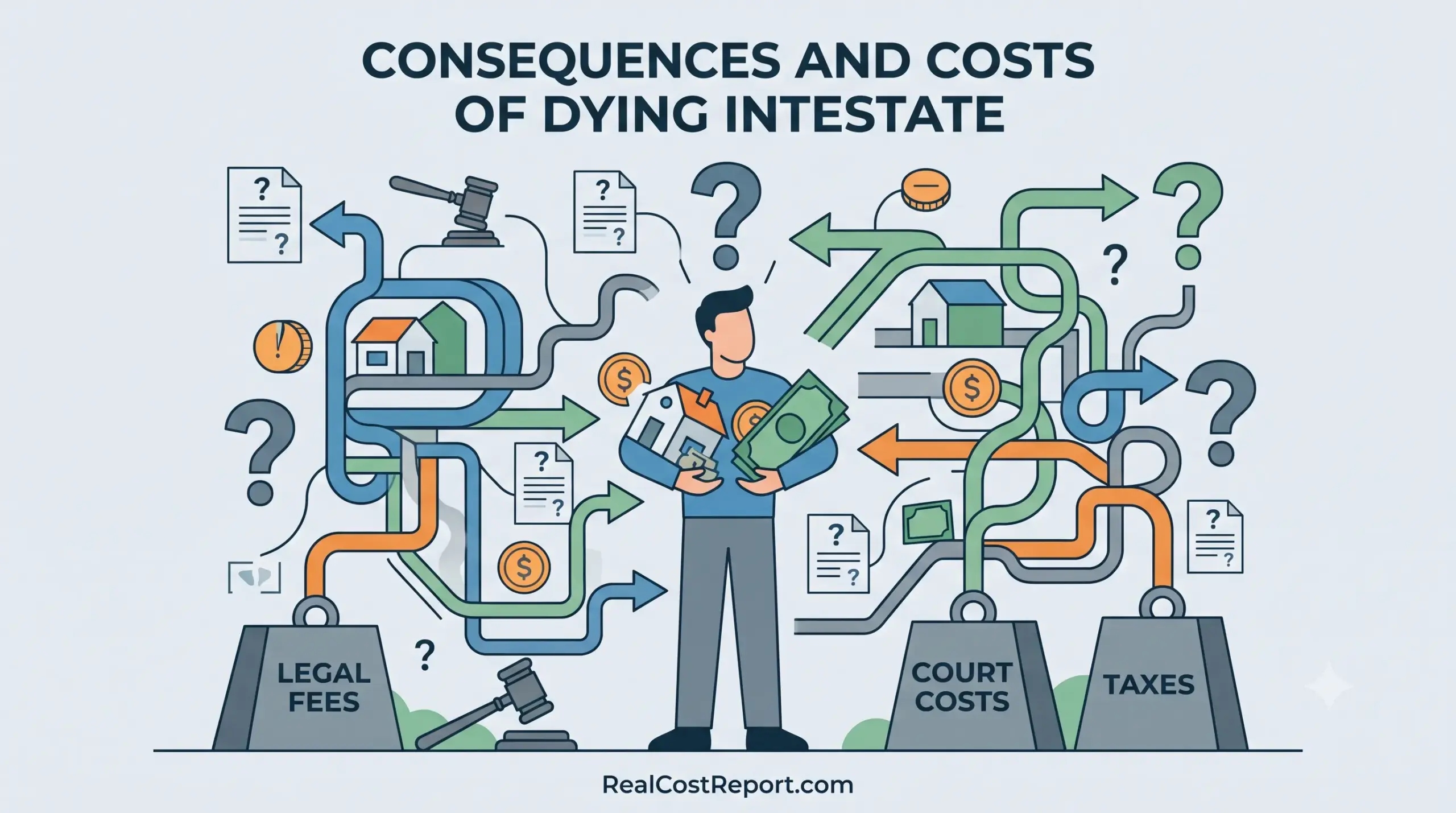 Flat design illustration of a confused man amid legal arrows and heavy blocks representing the costs of dying intestate.