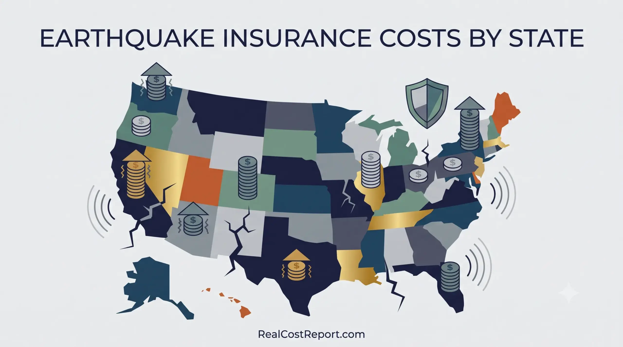 Geometric US map illustration with seismic cracks and rising coin stacks comparing earthquake insurance costs by state.