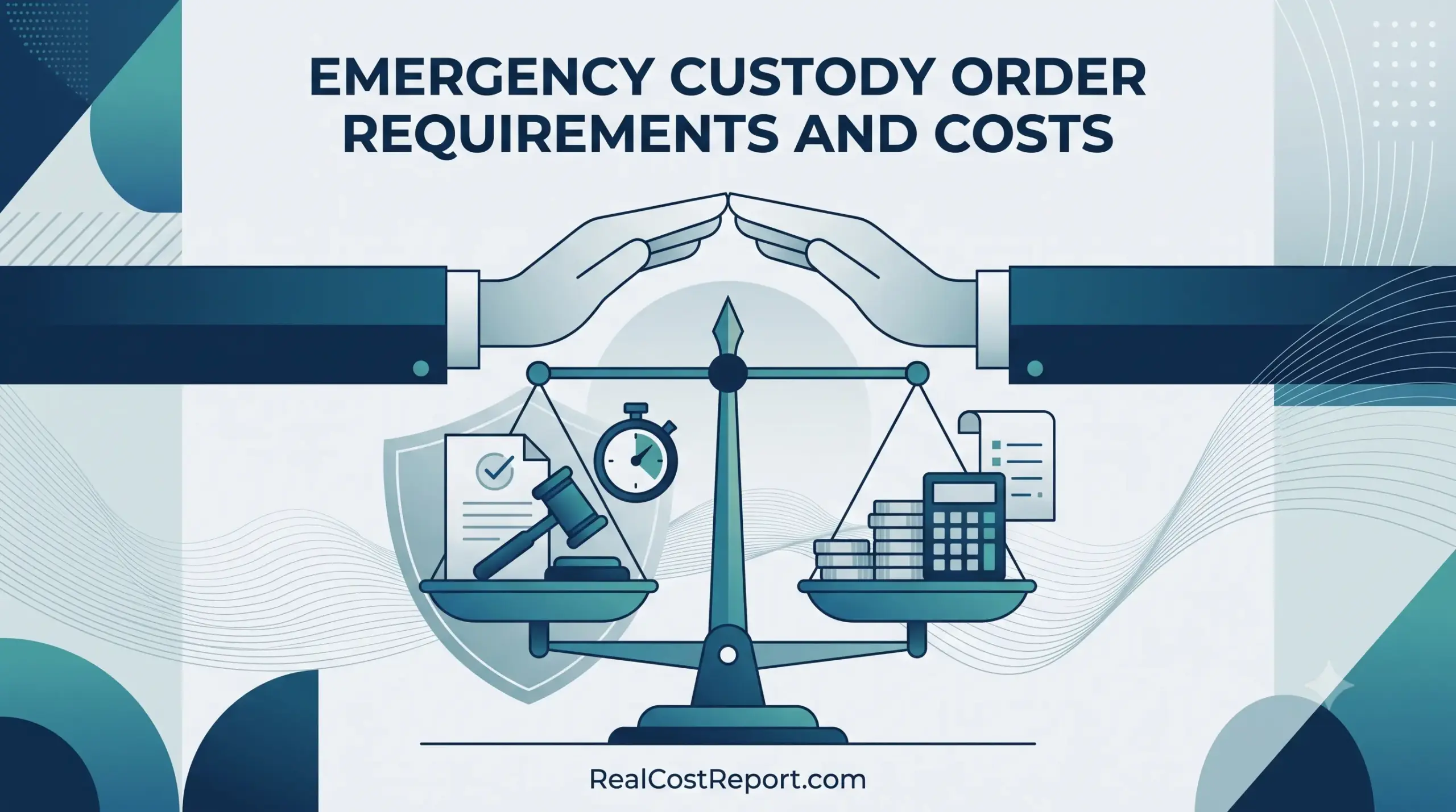 Geometric vector illustration for Real Cost Report showing a balance scale weighing legal and financial symbols under protective hands.