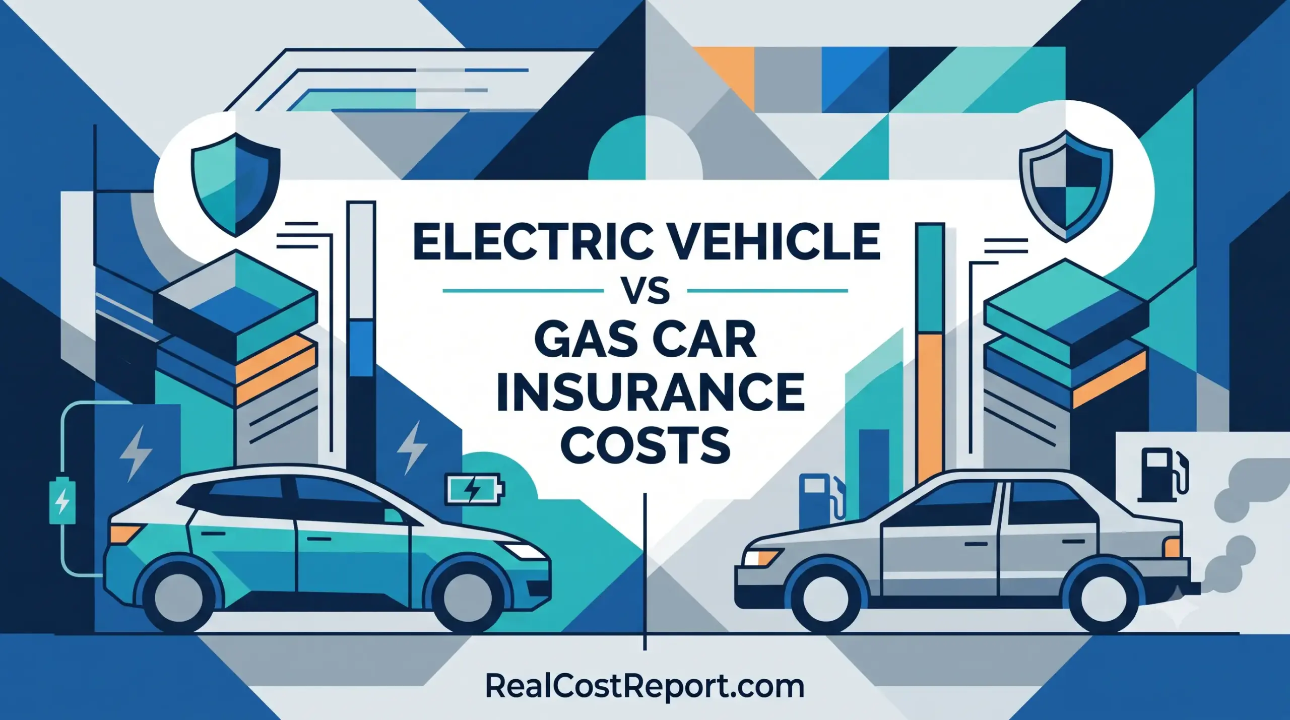 Geometric comparison illustration showing an electric vehicle and gas car, with shields and graphs representing insurance costs analysis.