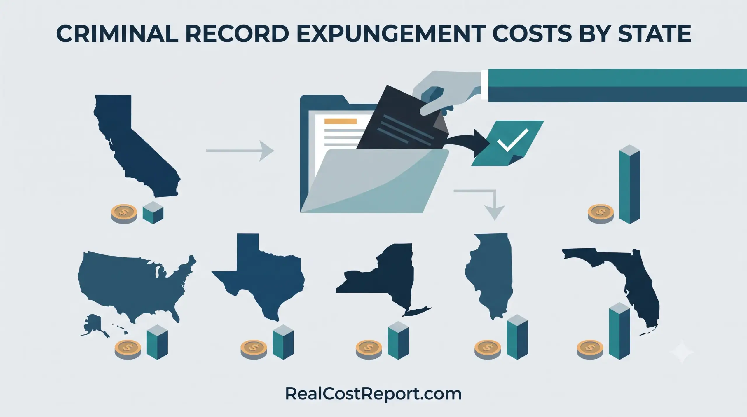 A modern geometric illustration shows varying criminal record expungement costs across US states, with files and a checkmark.