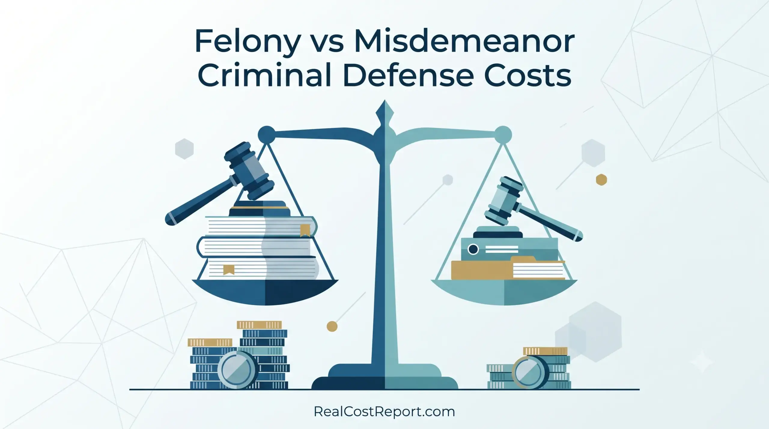 An illustrative graphic showing a scale with legal books and coins, titled "Felony vs Misdemeanor Criminal Defense Costs".