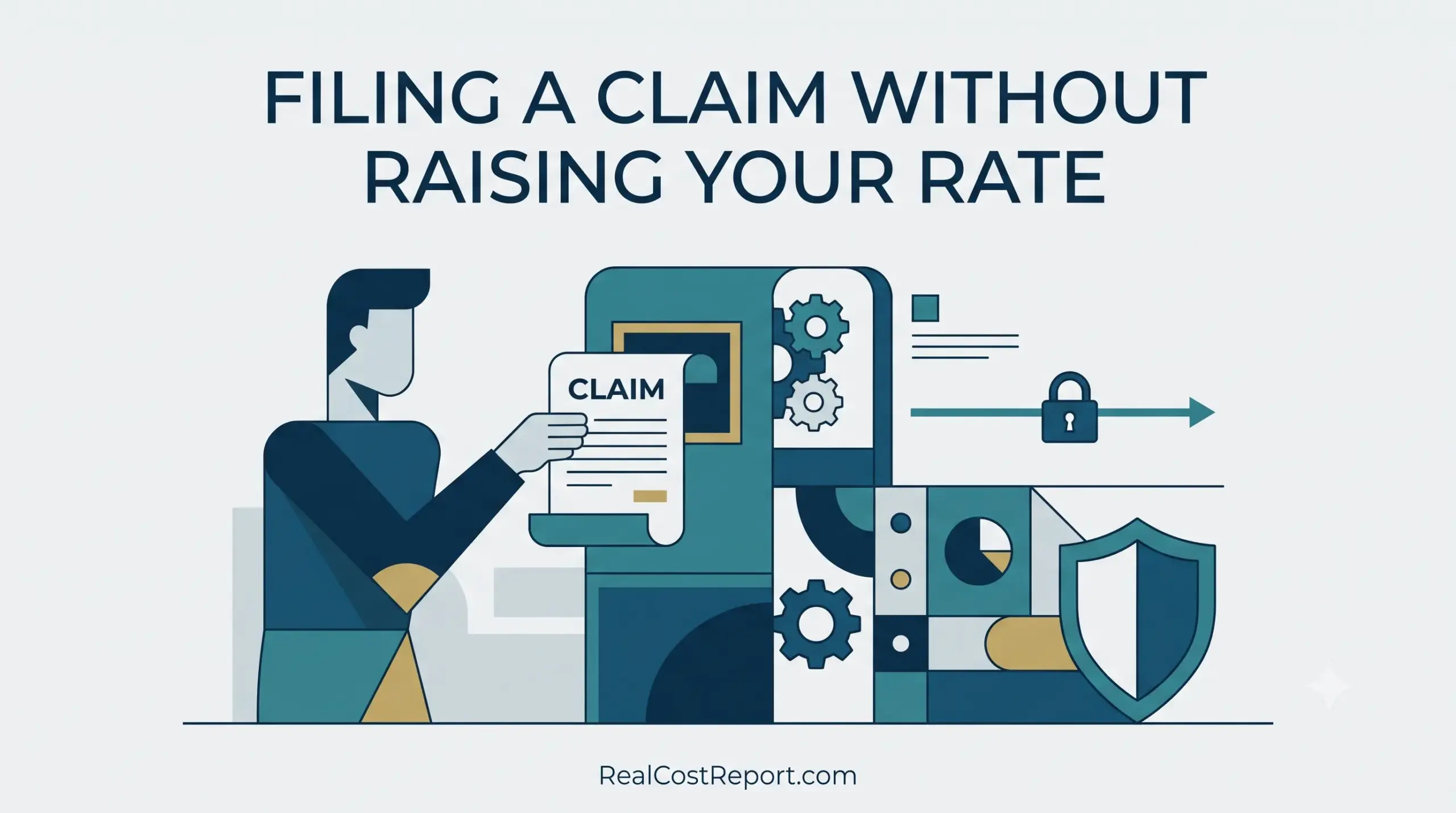 A geometric illustration of a man filing a claim into a secure machine, symbolizing rate protection.