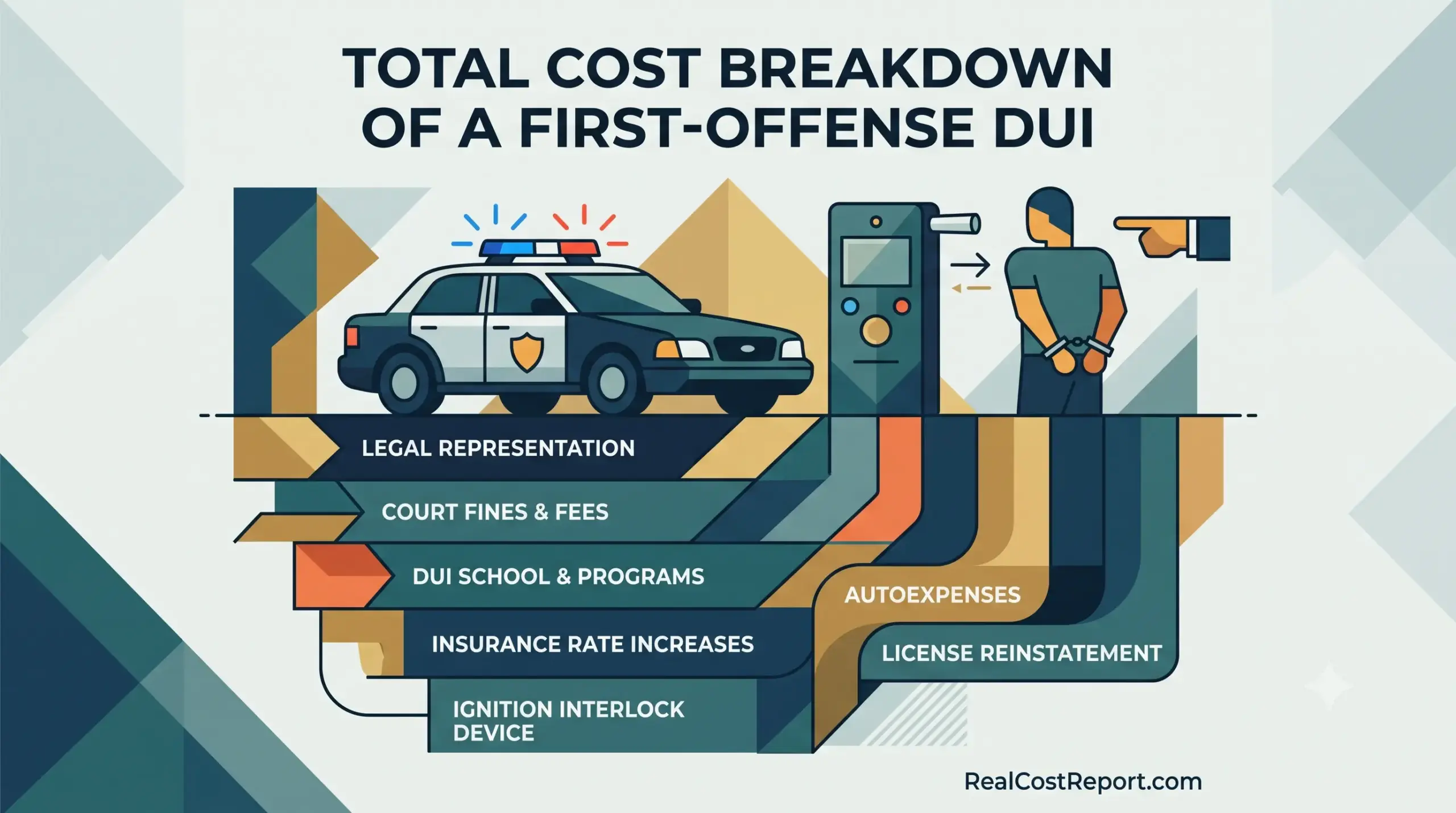 A flat geometric illustration showing the financial and legal consequences of a first-offense DUI, including legal fees and auto expenses.