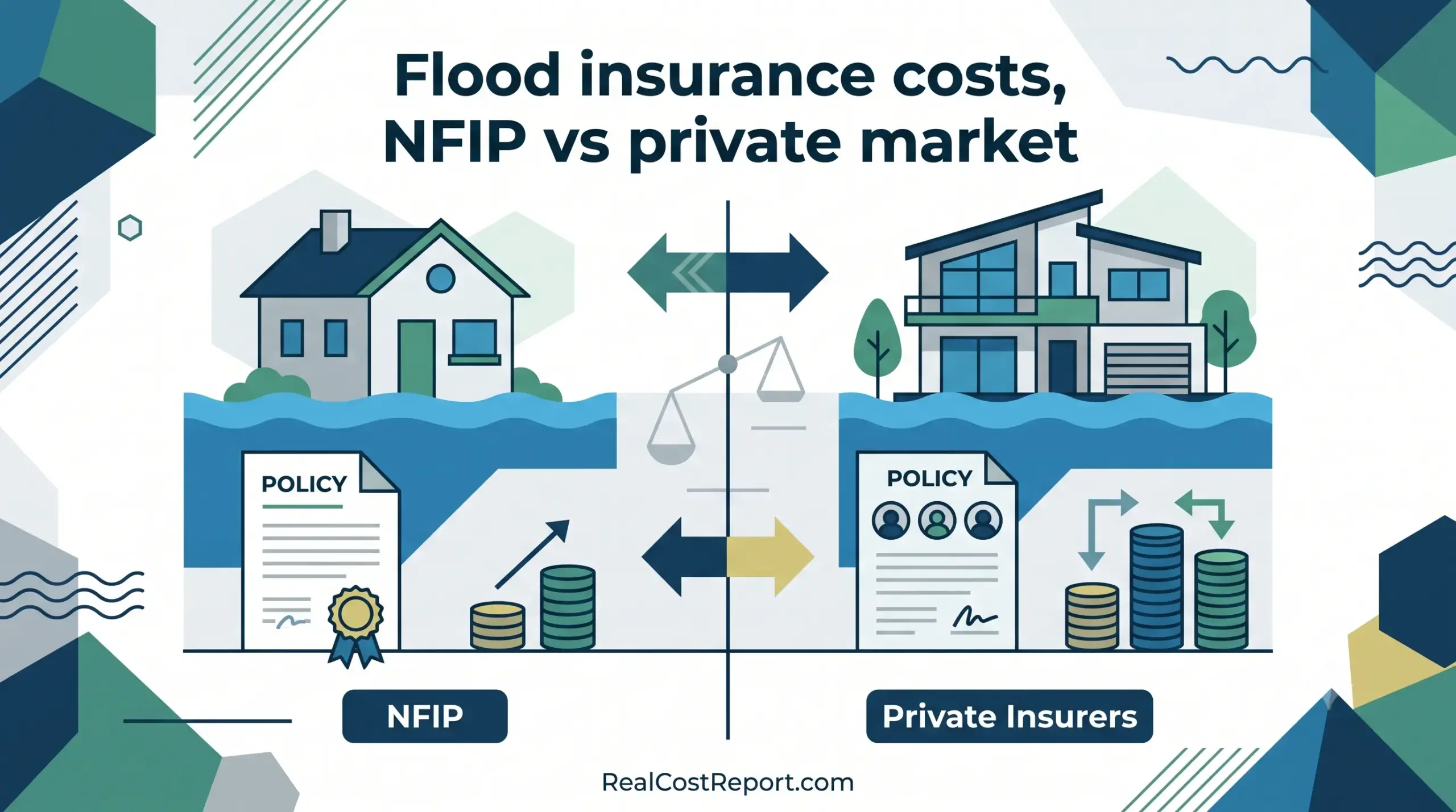 An infographic comparing flood insurance costs for traditional and modern homes using NFIP and private insurer policies.