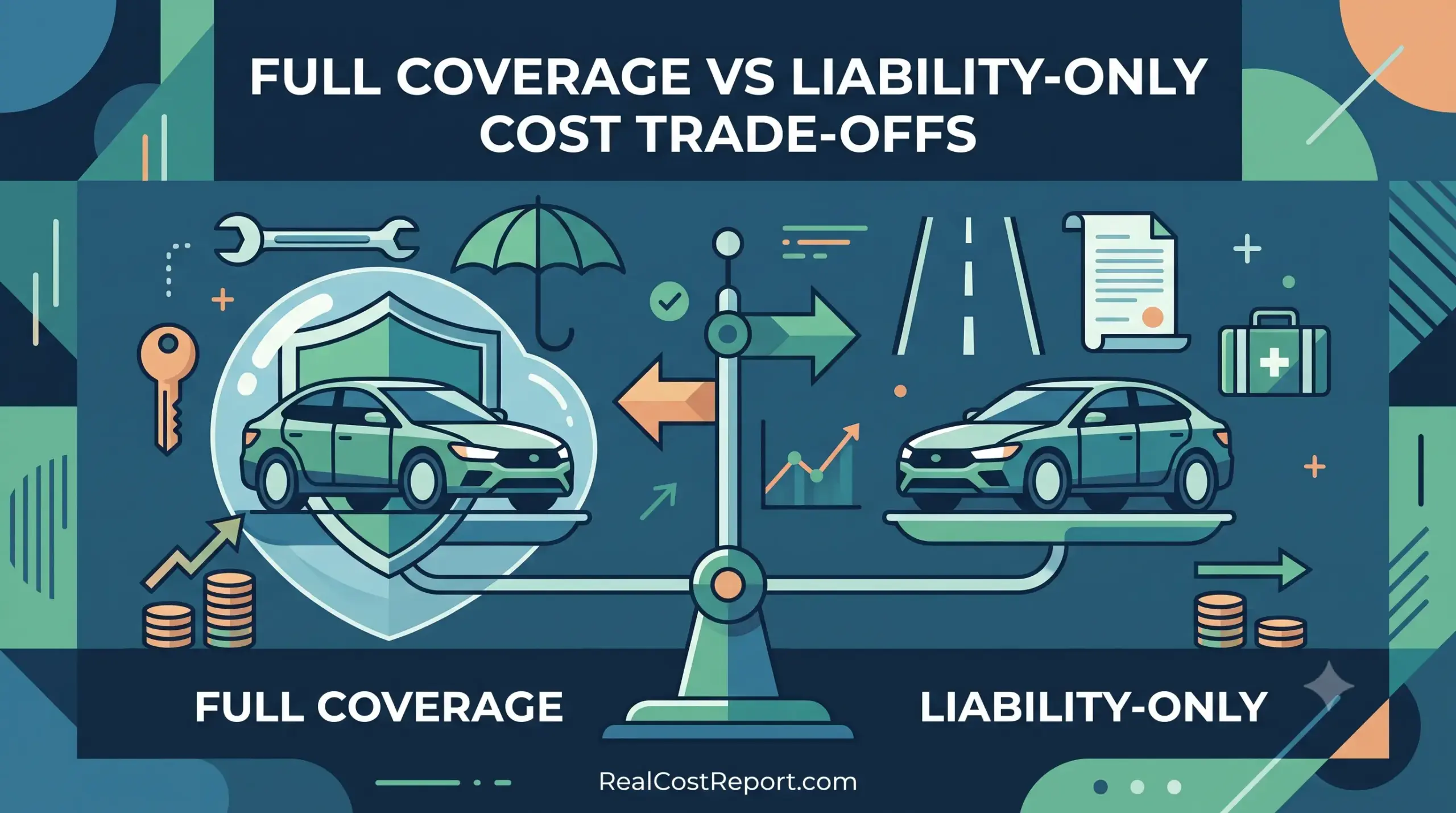 Geometric illustration of a scale weighing a shielded car against an unshielded car, representing auto insurance coverage options.